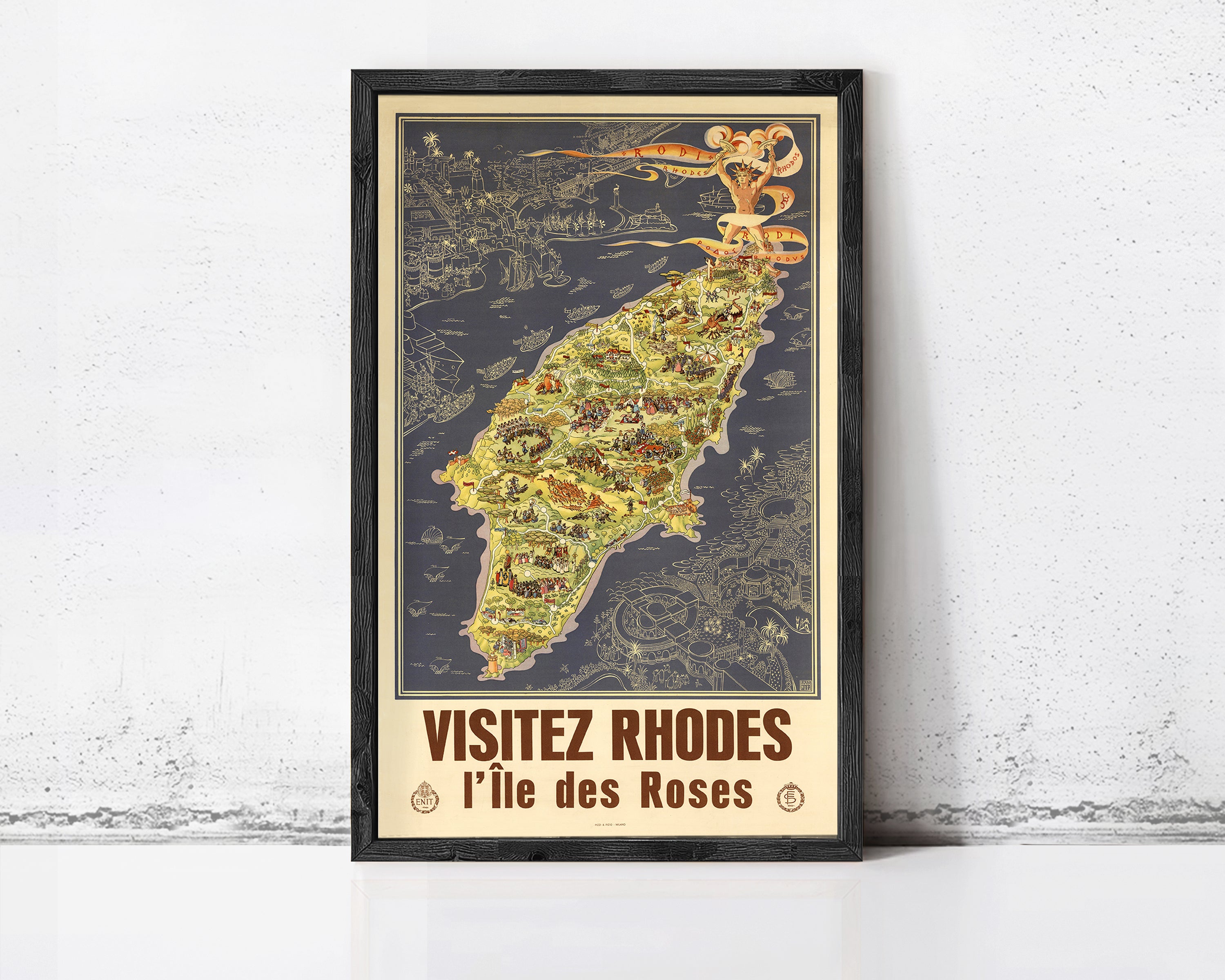 The image is a framed poster depicting a map of Rhodes, Greece, with the text "VISITÉZ RHODES I l'ile des Roses" (Visiting Rhodes, the island of roses) at the bottom.