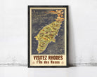 The image is a framed poster depicting a map of Rhodes, Greece, with the text "VISITÉZ RHODES I l'ile des Roses" (Visiting Rhodes, the island of roses) at the bottom.