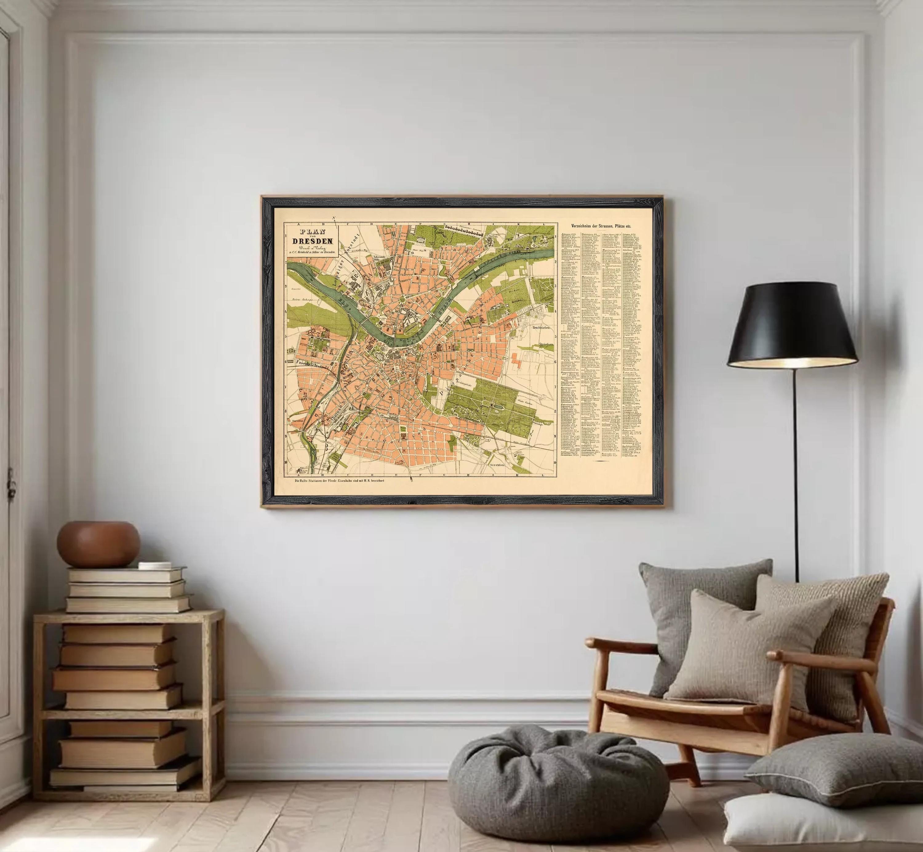 The image is a framed map of Dresden, Germany, depicting the city's layout and surrounding areas.