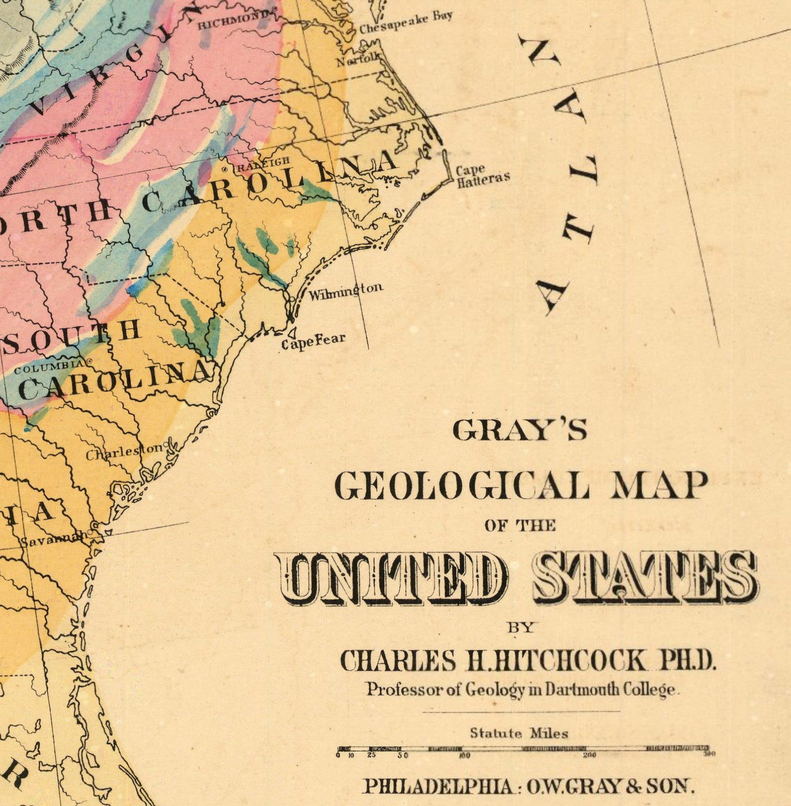 The image is a historical geological map of the United States, created by Charles H. Hitchcock Ph.D.