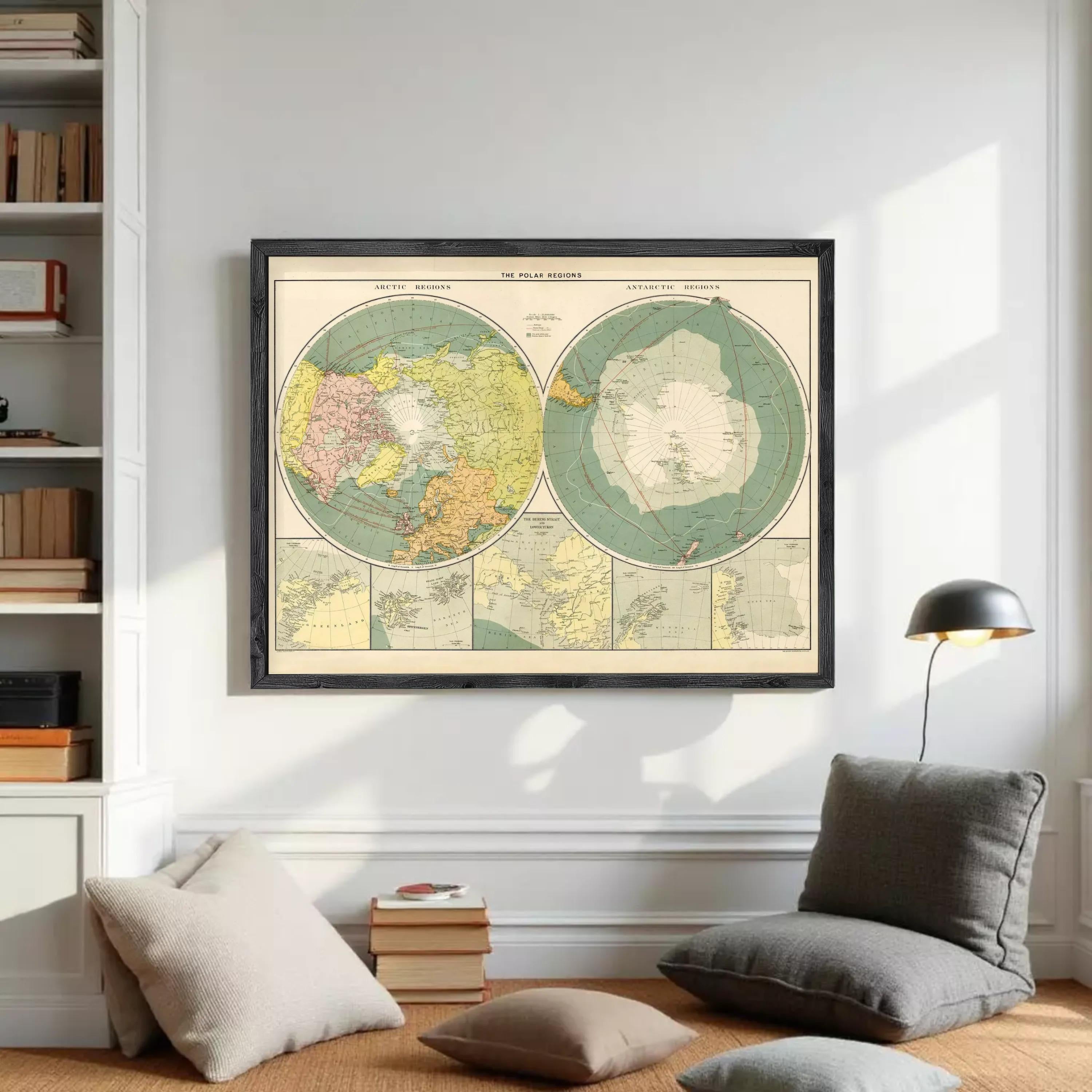 The image is a framed vintage map of the polar regions, depicting the Arctic and Antarctic regions.