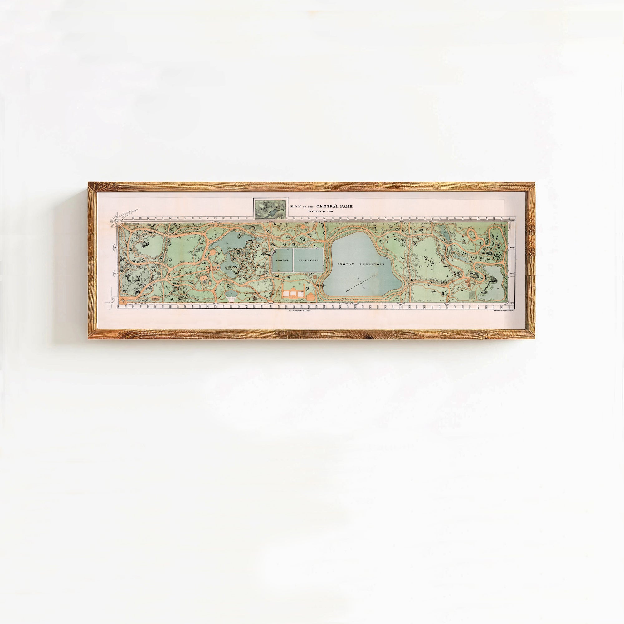The image is a framed map of Central Park, New York City, depicting the park's layout and surrounding areas.