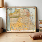 The image is a framed vintage map of San Francisco, California, with a wooden border.