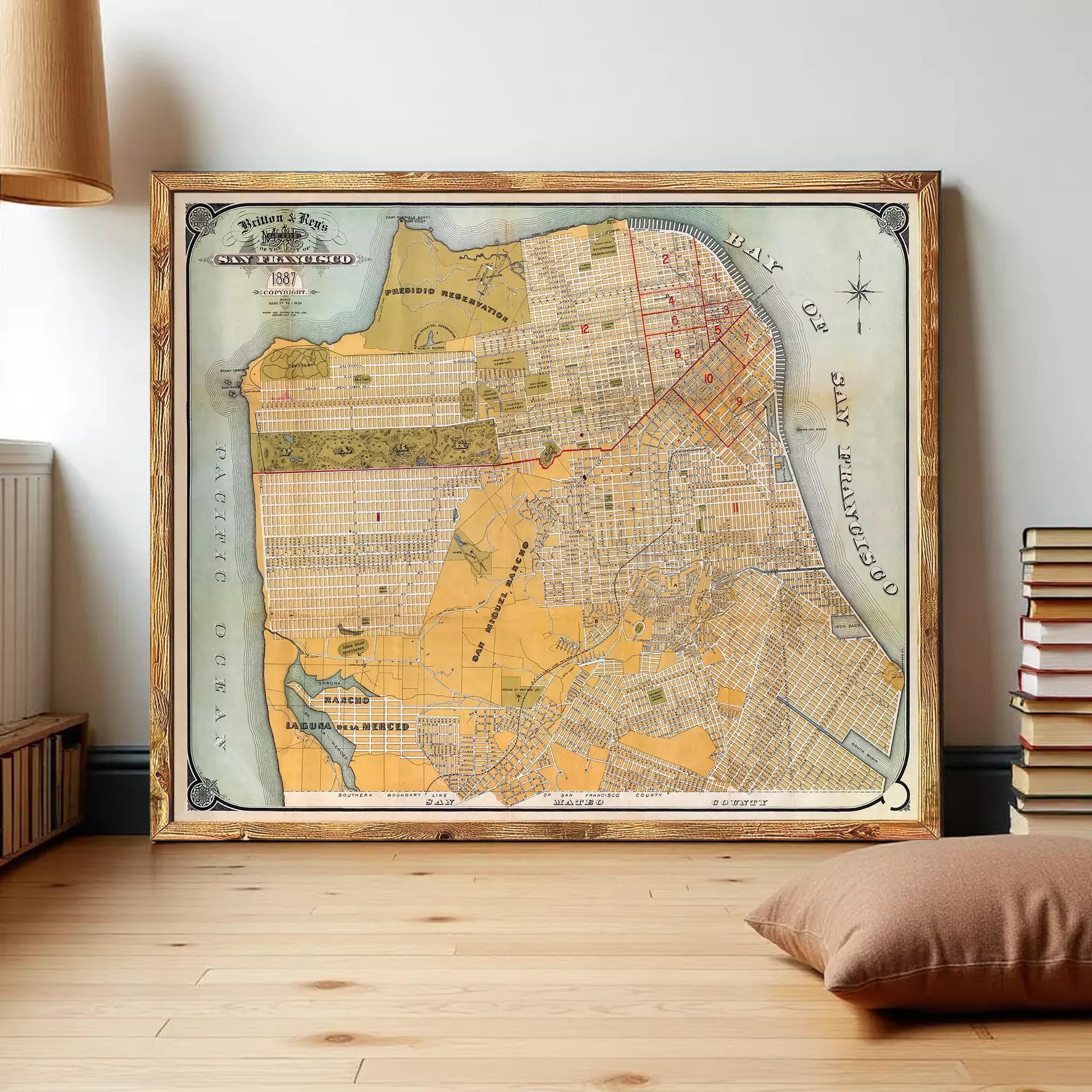 The image is a framed vintage map of San Francisco, California, with a wooden border.