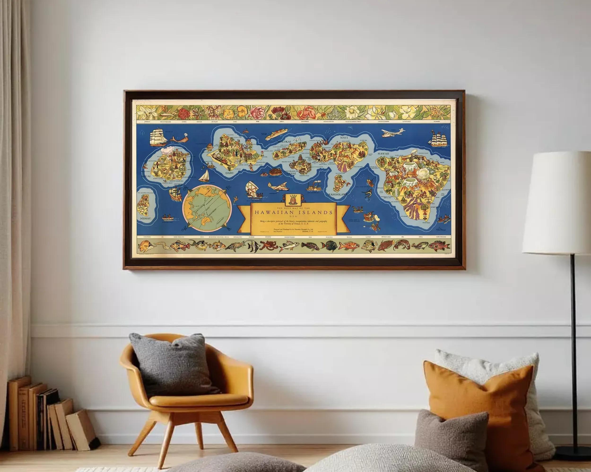a large framed map of the Caribbean islands hanging on a wall in a living room.