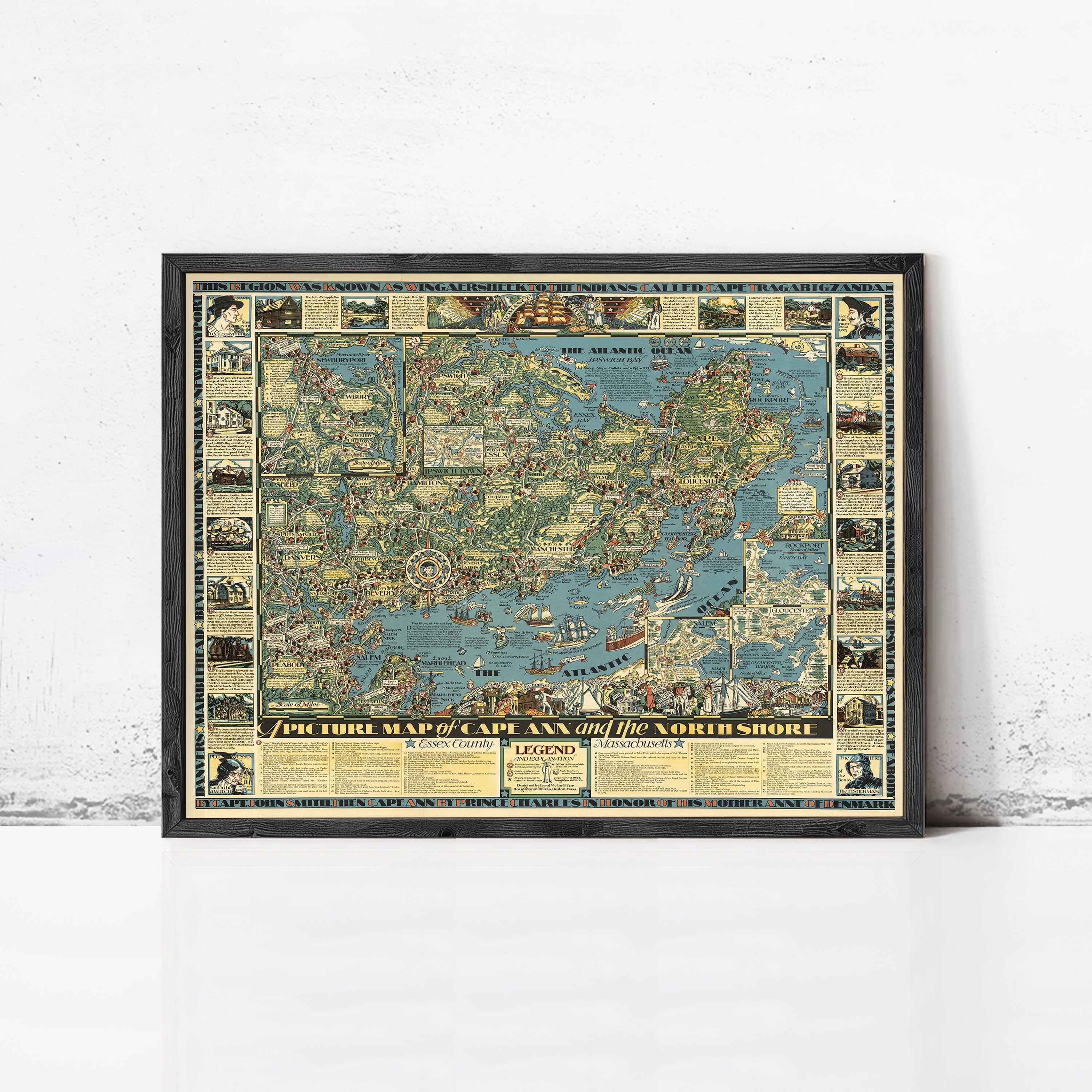 The image is a framed vintage map of the world, depicting various landmarks and locations.