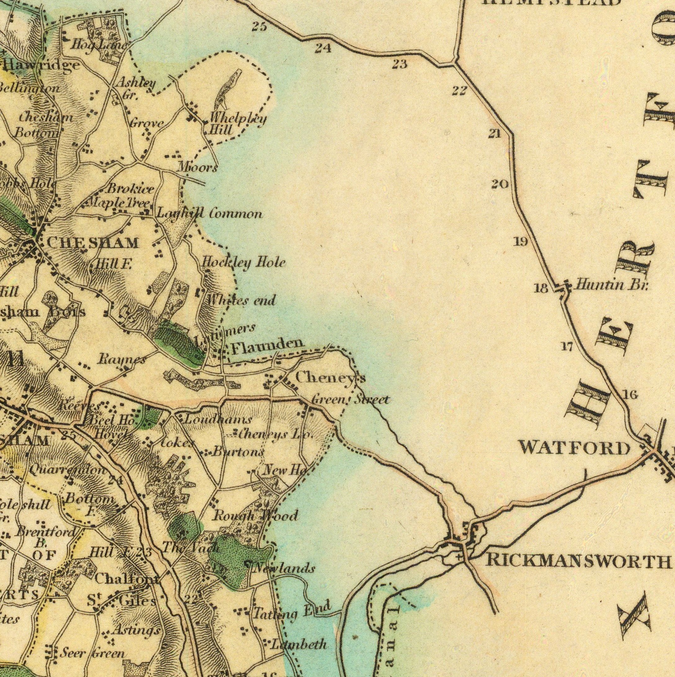 The image is a historical map showing geographical details of a region, including towns, roads, and bodies of water.