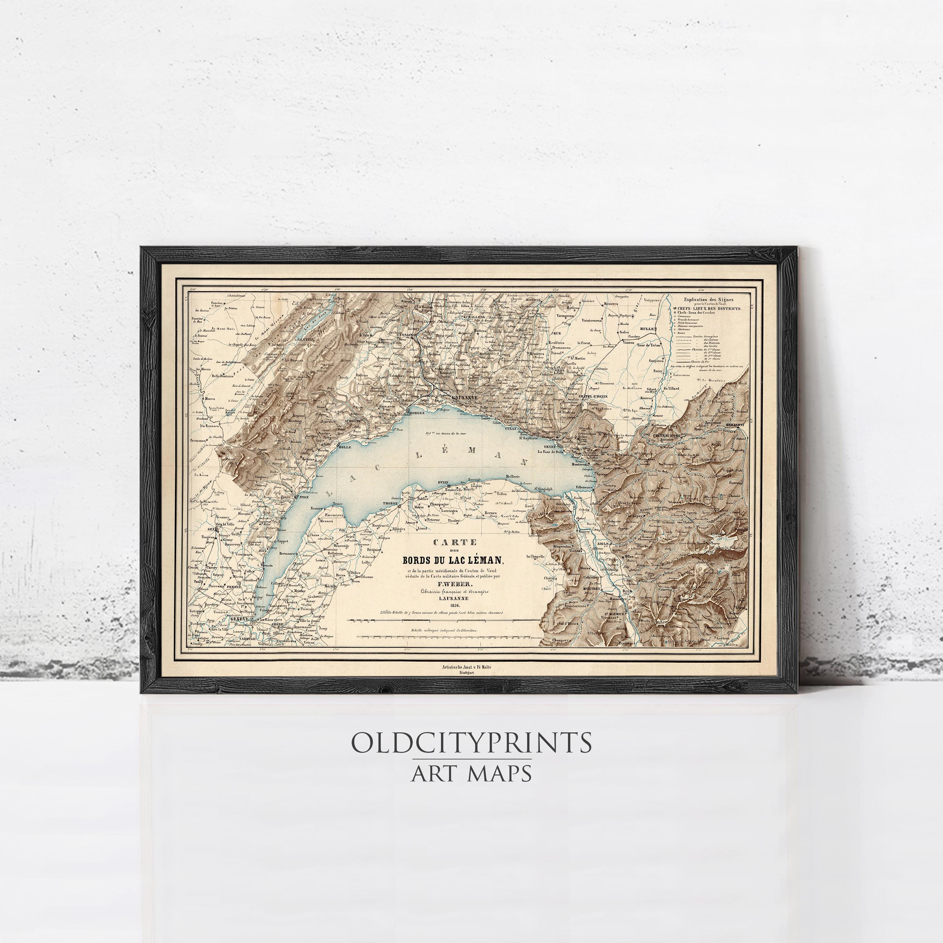 The image is a framed vintage map of the Lake Geneva region, depicting the city of Geneva and its surrounding areas.