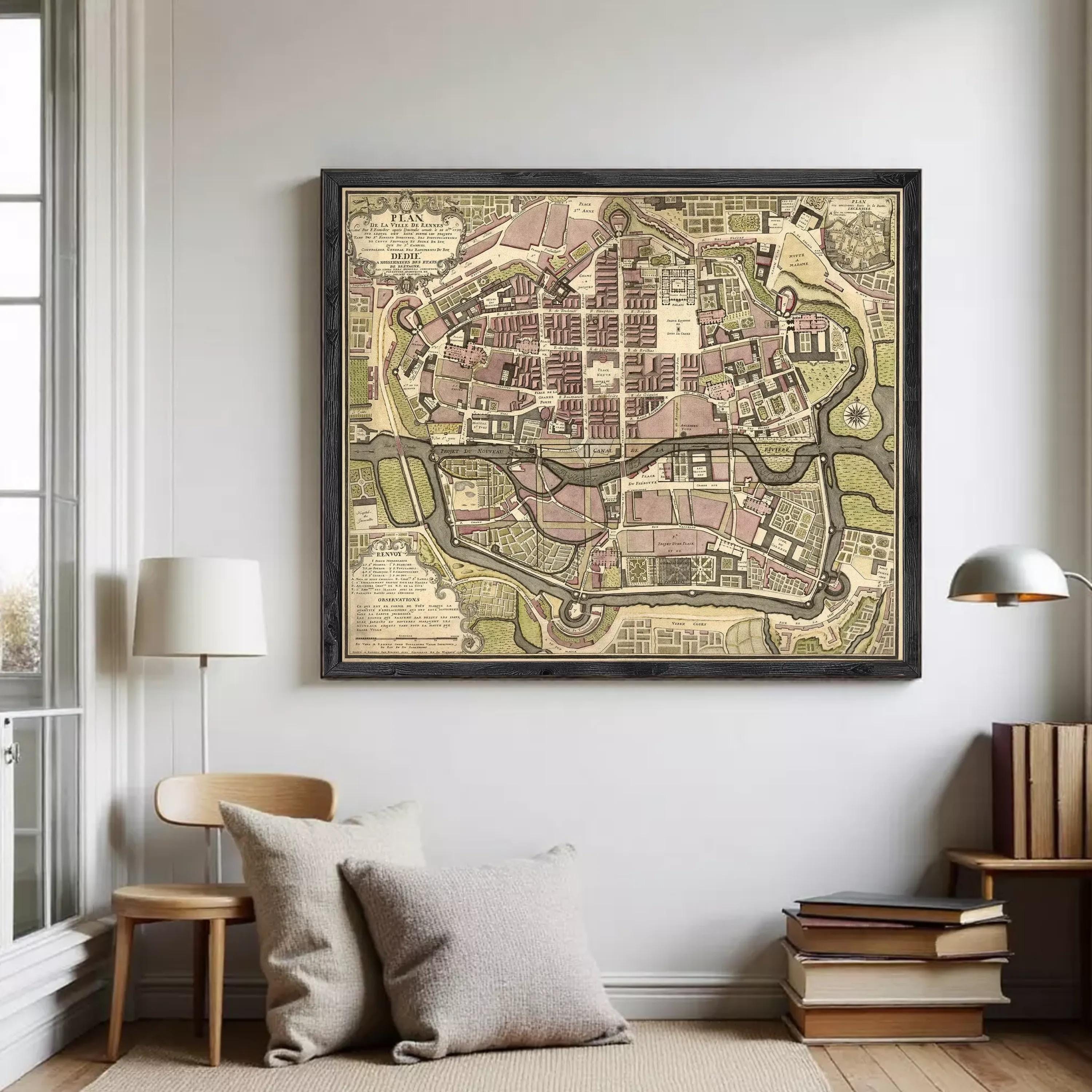 The image is a framed vintage map of a city, likely from the 16th century, depicting a detailed layout of the city with streets, buildings, and other landmarks.