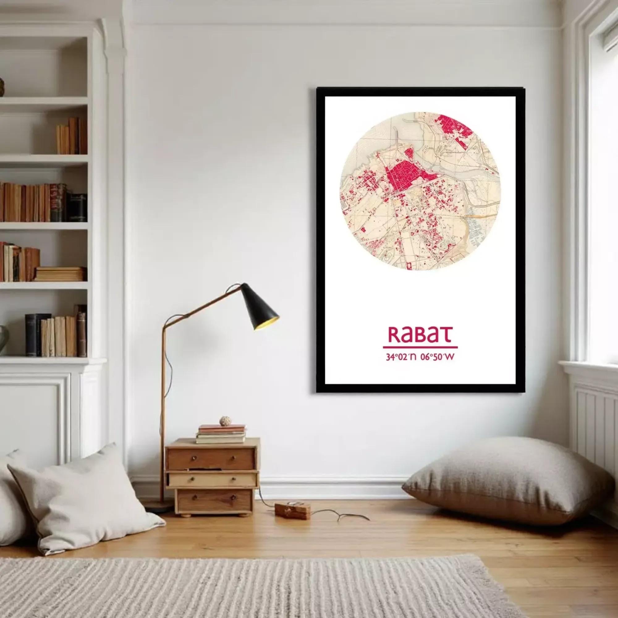 The image is a framed poster featuring a map of Rabat, a city in Morocco.