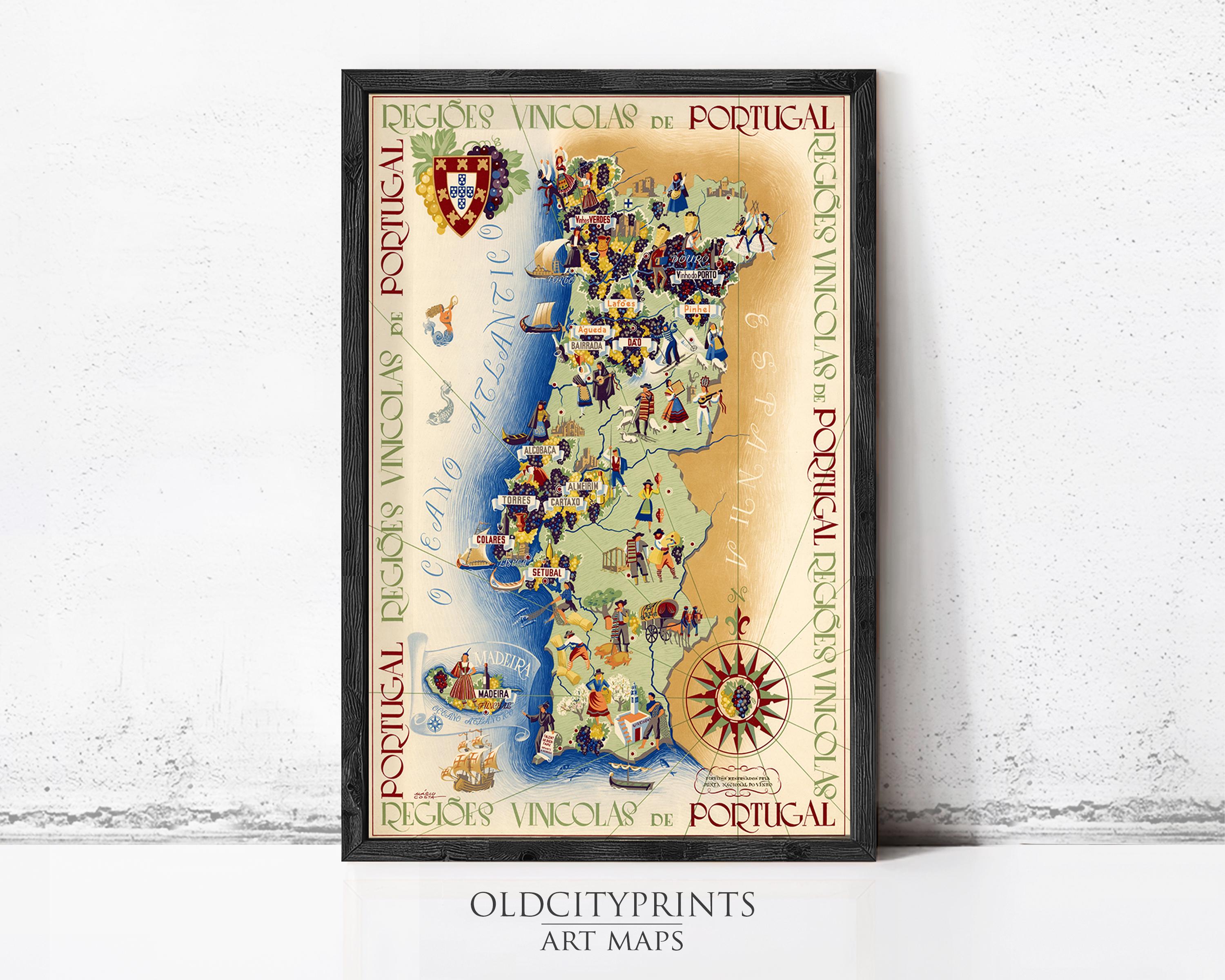 The image is a framed art print depicting a colorful map of Portugal, with various regions and landmarks labeled.