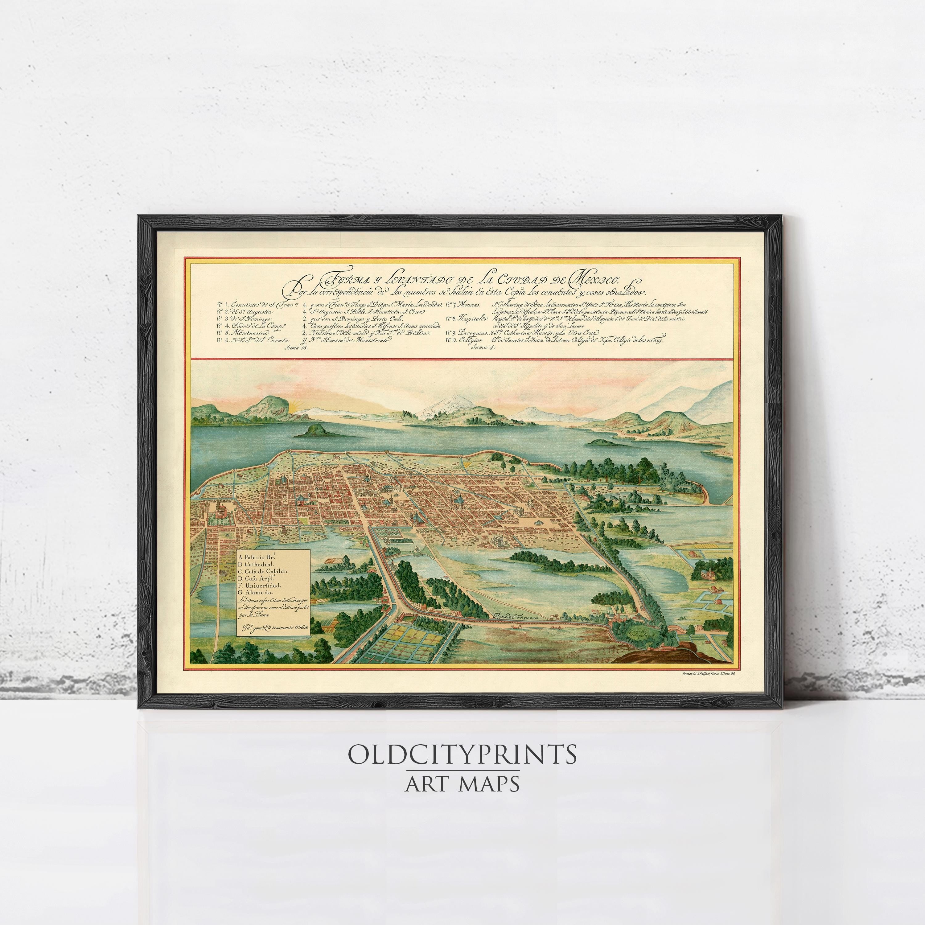 The image is a framed art print depicting a detailed map of a city, likely Mexico, with various landmarks and geographical features.