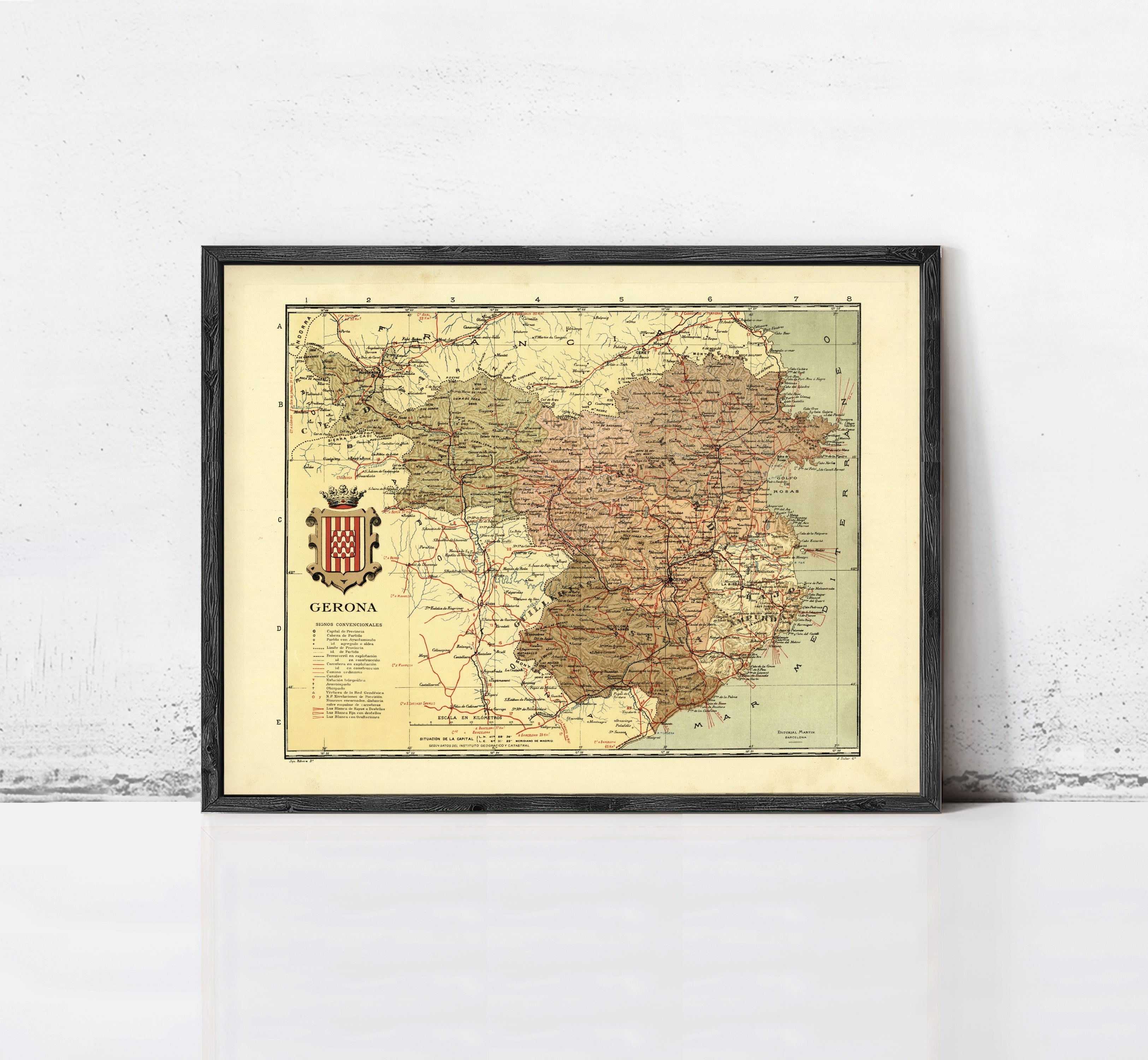 The image is a framed vintage map of the region of Gerona, showing various geographical features and locations.