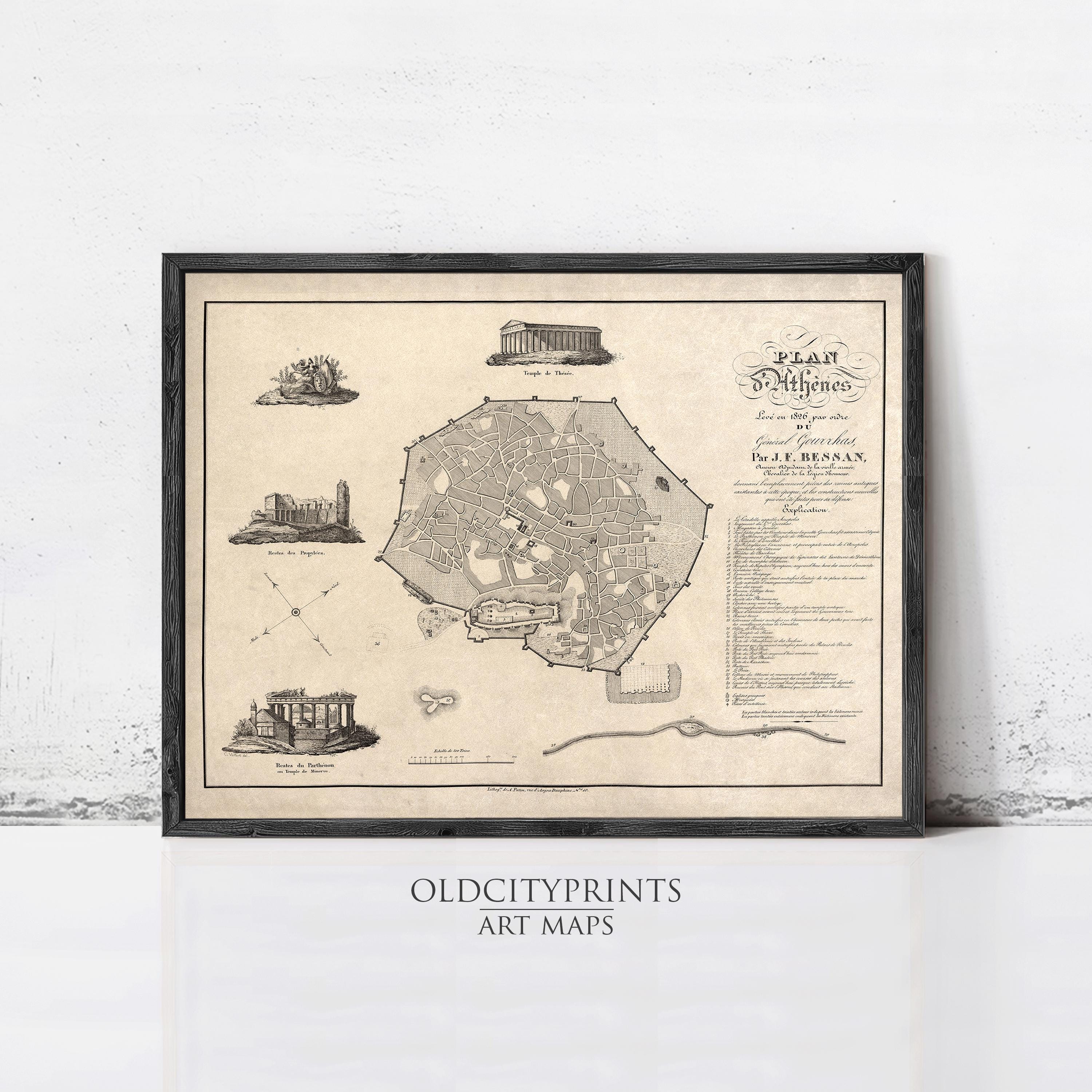 The image is a framed antique map of Athens, Greece, depicting various landmarks and locations within the city.