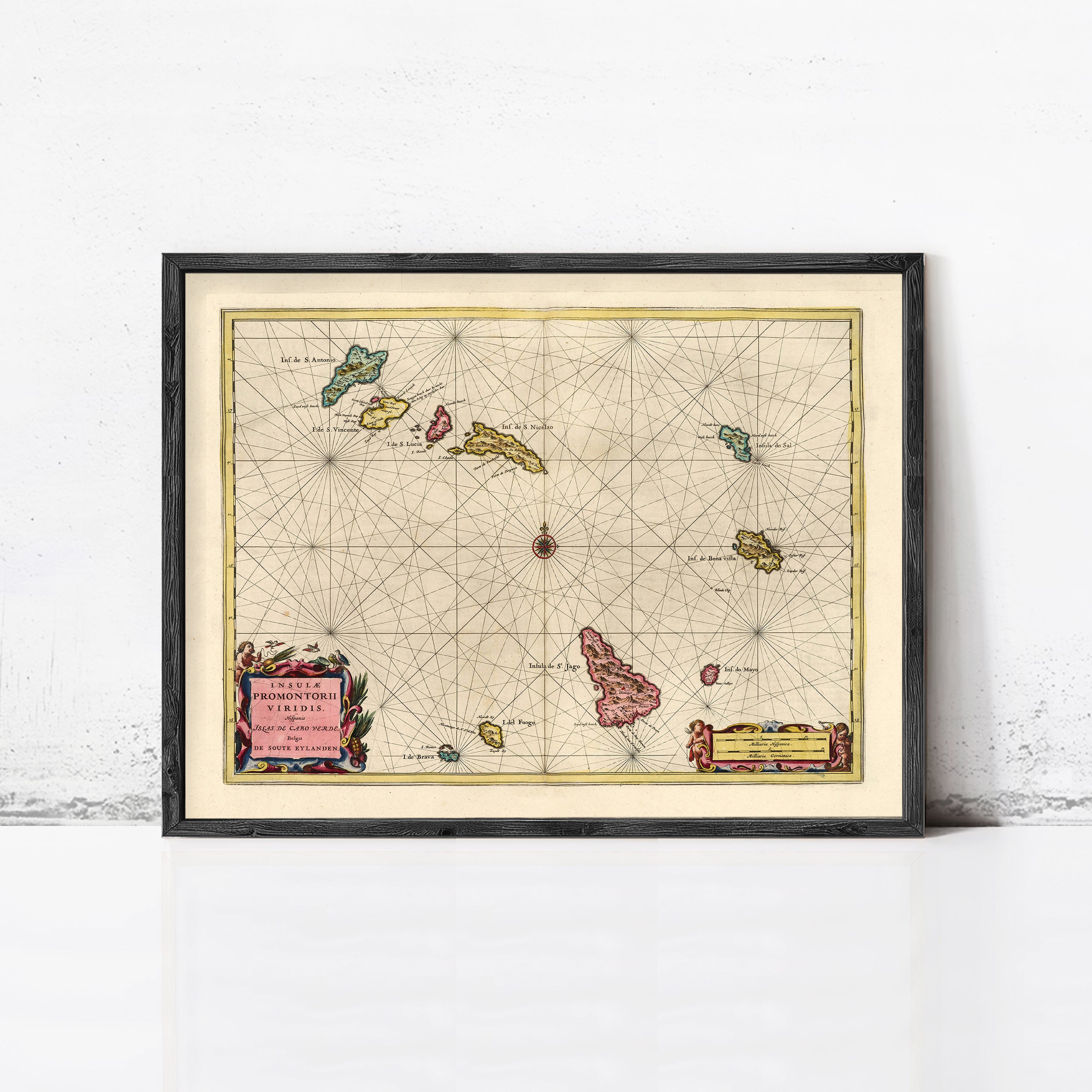 The image is a framed map of the Hawaiian Islands, which is a collection of islands located in the Pacific Ocean.
