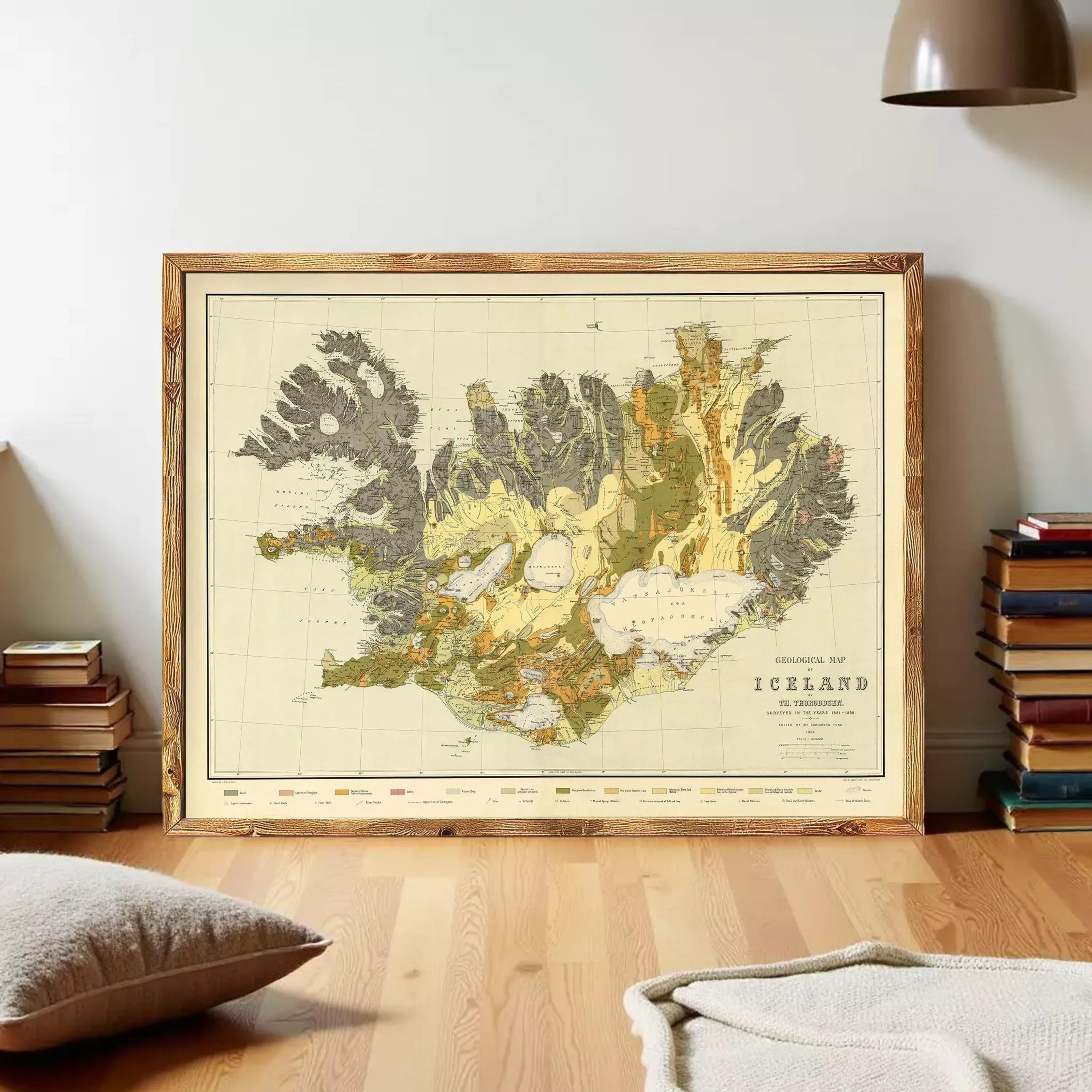 a large framed map of Iceland, with a wooden frame and a vintage-style design.
