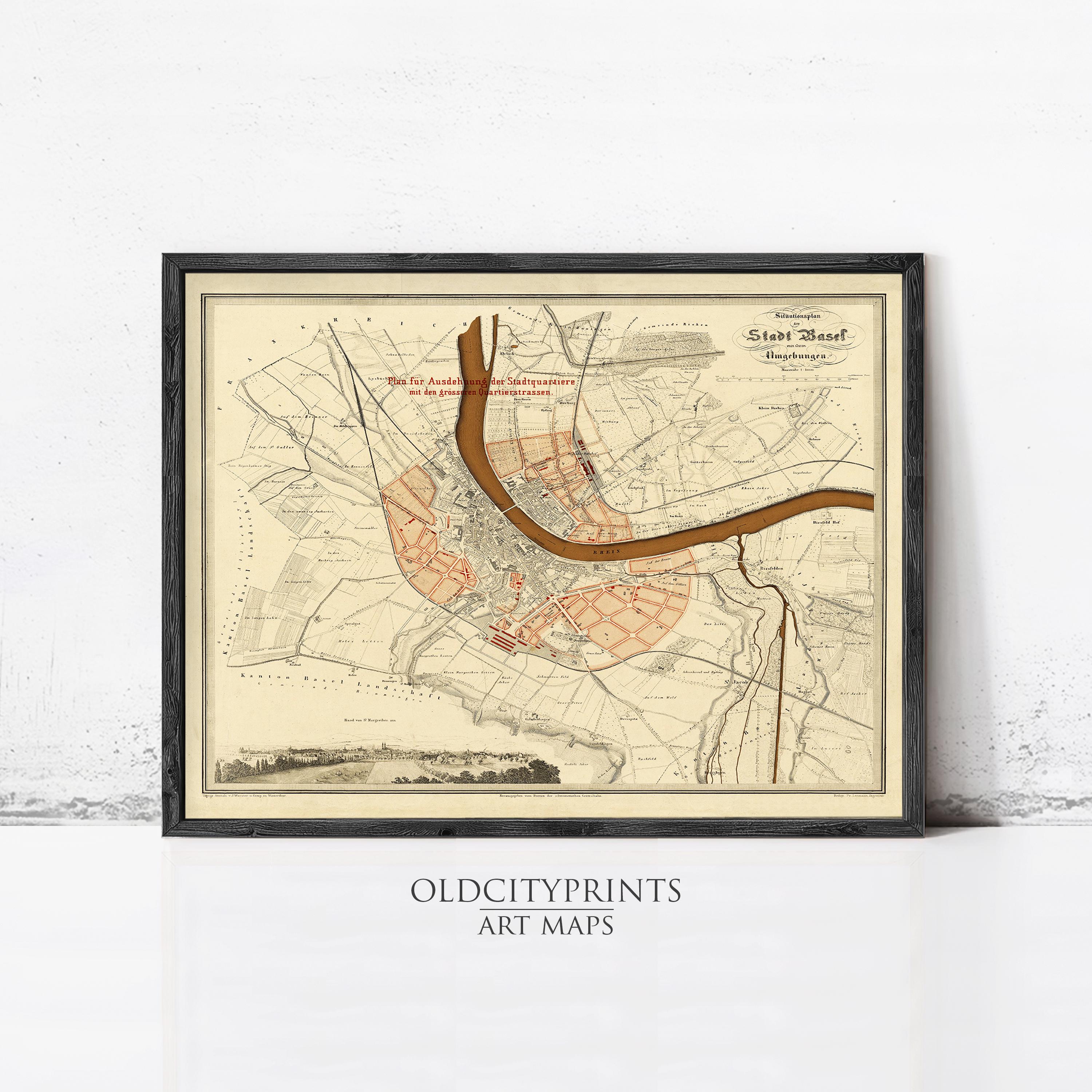 The image is a framed vintage map of a city, likely from the 19th century, depicting a detailed layout of the city's streets, landmarks, and surrounding areas.