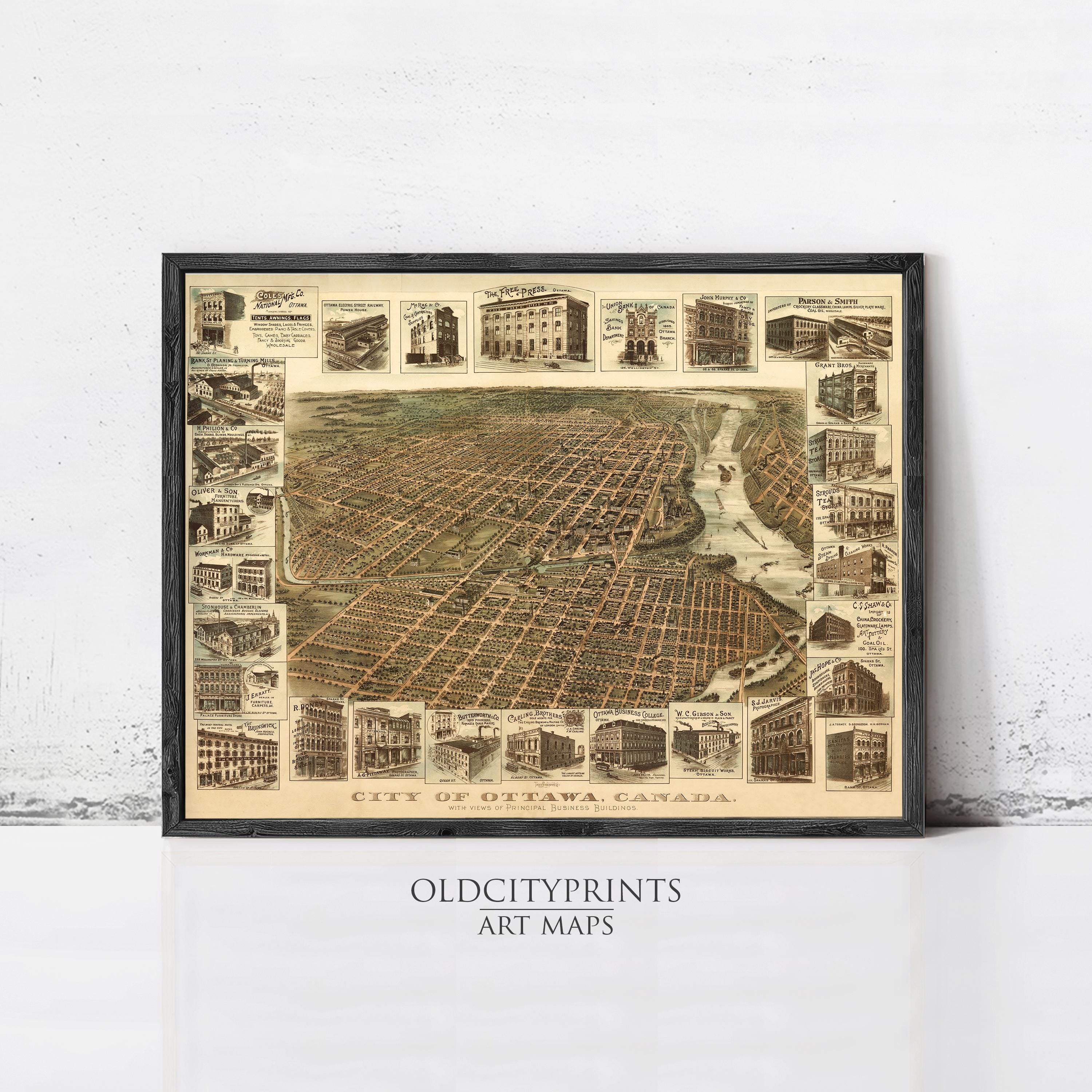 The image is a framed art print depicting a detailed map of the city of Ottawa, Canada.