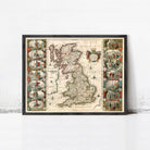 The image is a framed vintage map of the United Kingdom, featuring intricate illustrations and detailed cartography.