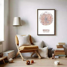 a cozy living room with a wooden chair, a lamp, and a framed map of Beijing. The room has a white wall and a bookshelf filled with books. There are also some stuffed animals and toys scattered around the room.