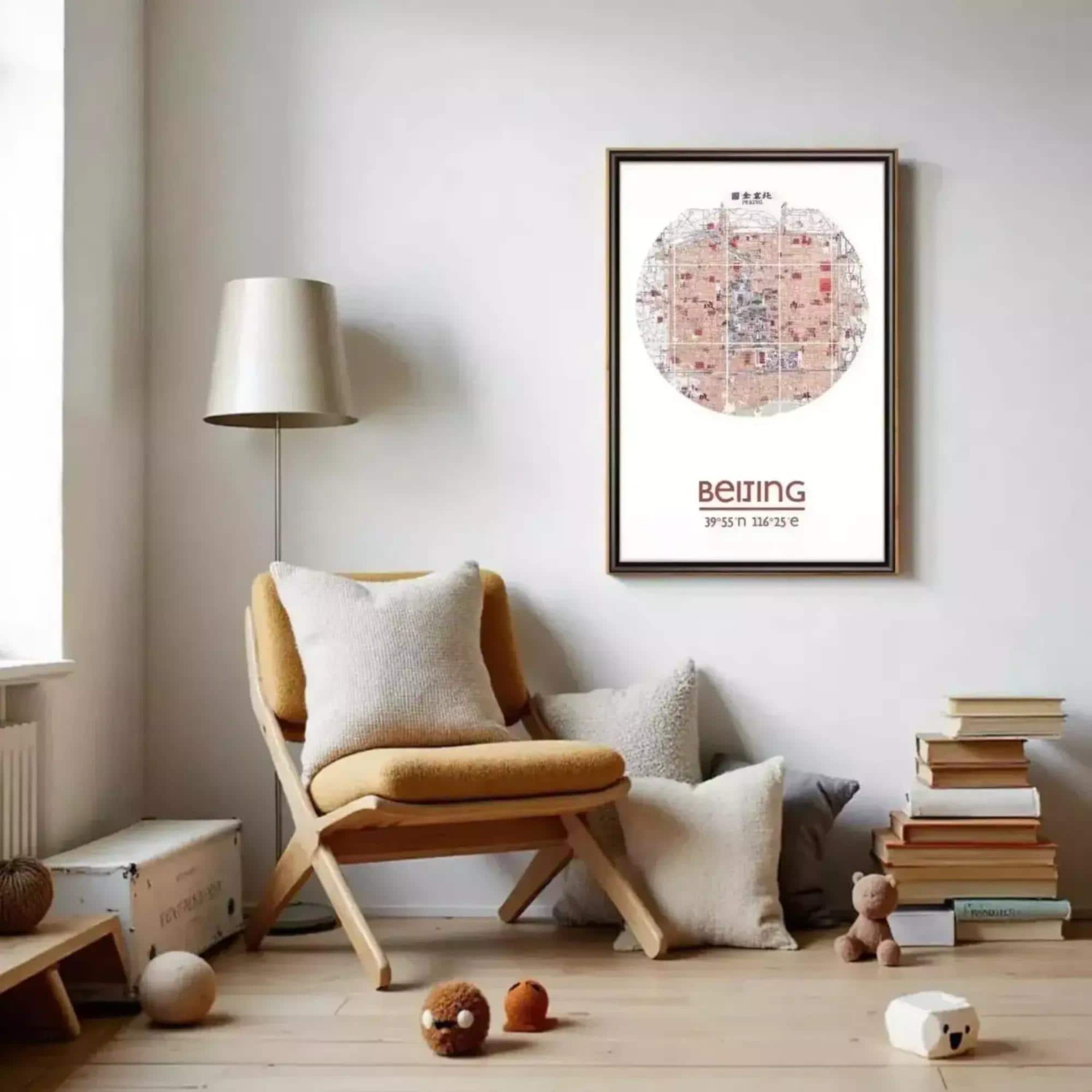 a cozy living room with a wooden chair, a lamp, and a framed map of Beijing. The room has a white wall and a bookshelf filled with books. There are also some stuffed animals and toys scattered around the room.