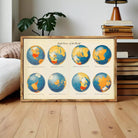 The image is a framed poster titled "Eighth Views of the World" that displays eight different views of the Earth, each showing a unique perspective of the planet.