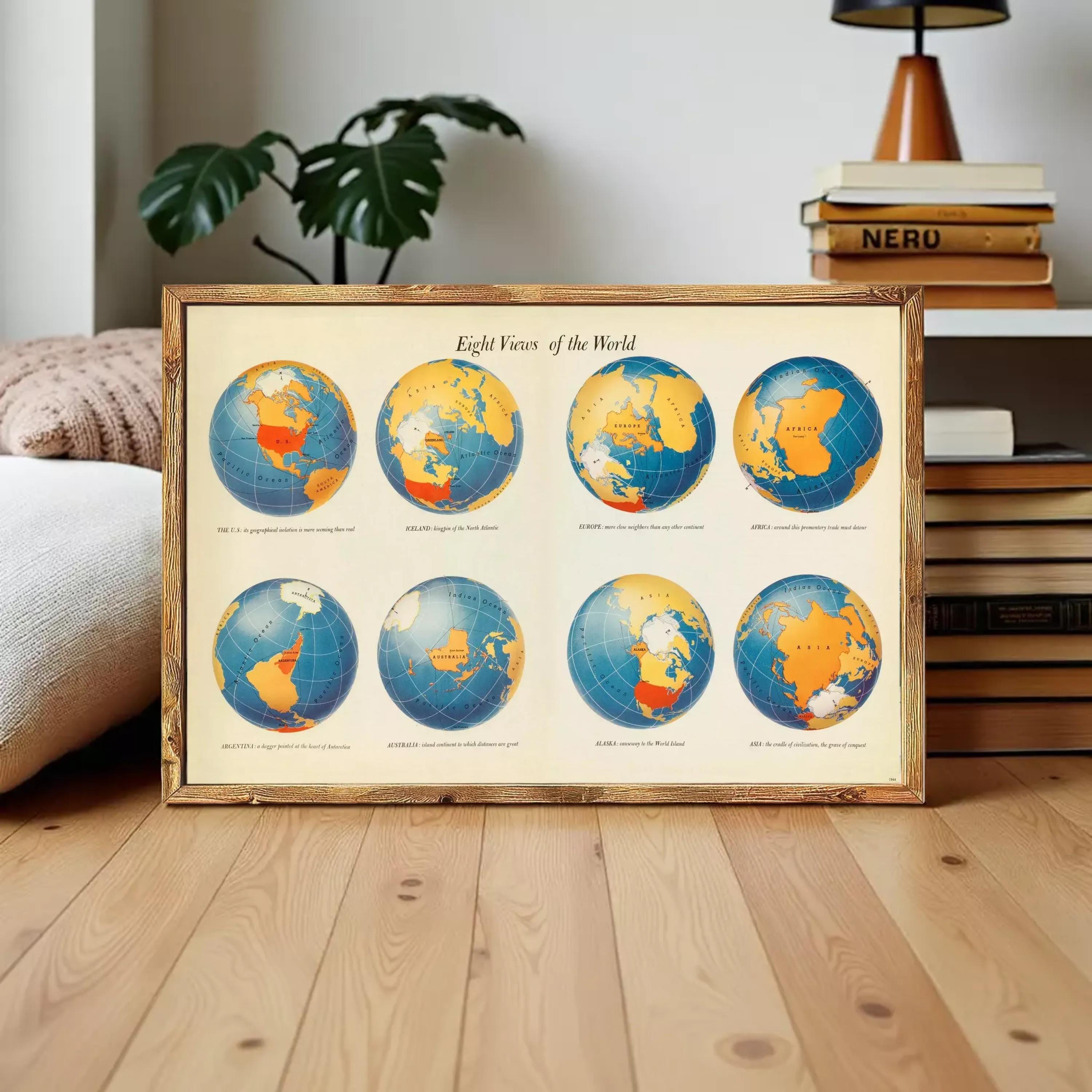 The image is a framed poster titled "Eighth Views of the World" that displays eight different views of the Earth, each showing a unique perspective of the planet.