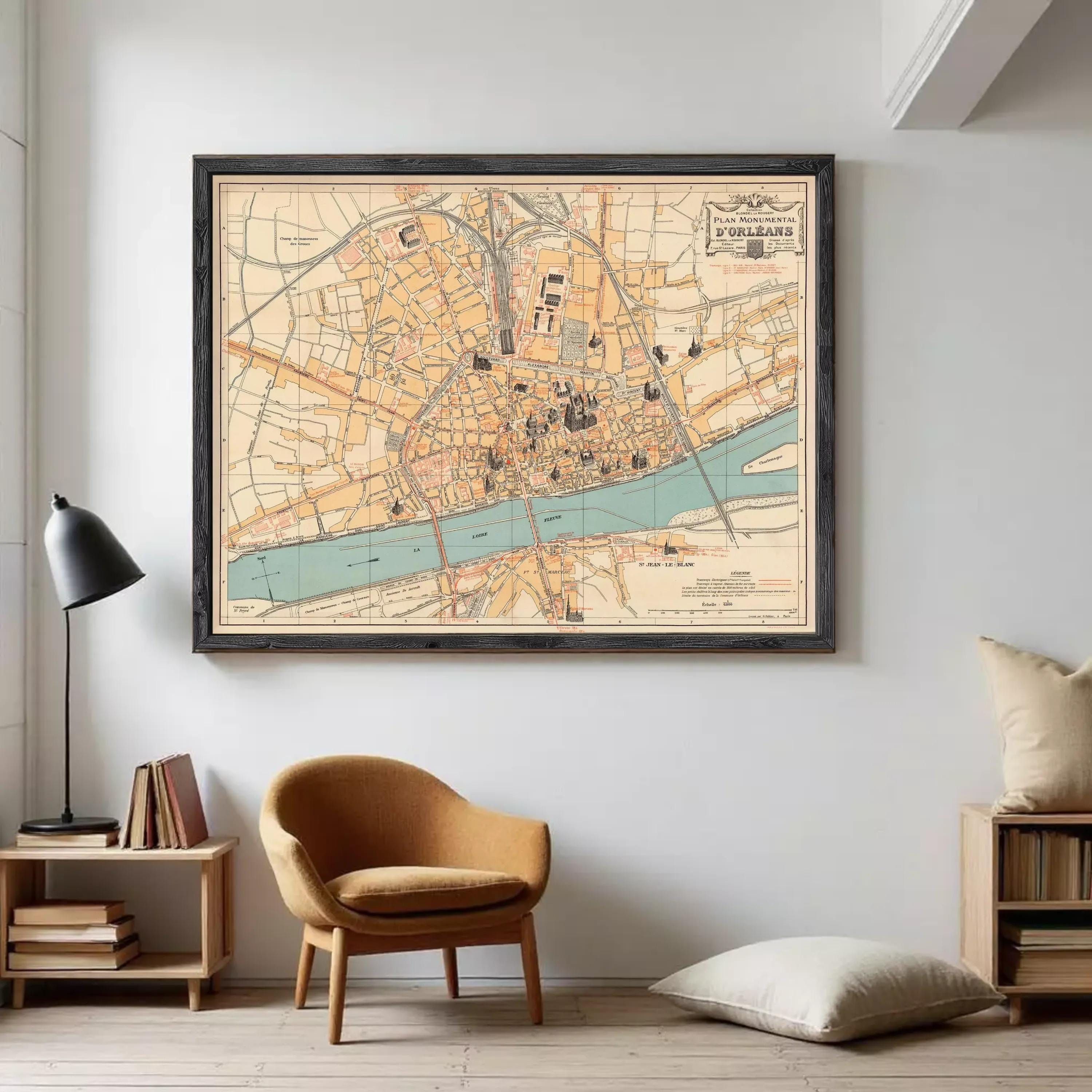 The image is a framed vintage map of the city of Paris, France, depicting the city's streets, landmarks, and surrounding areas.