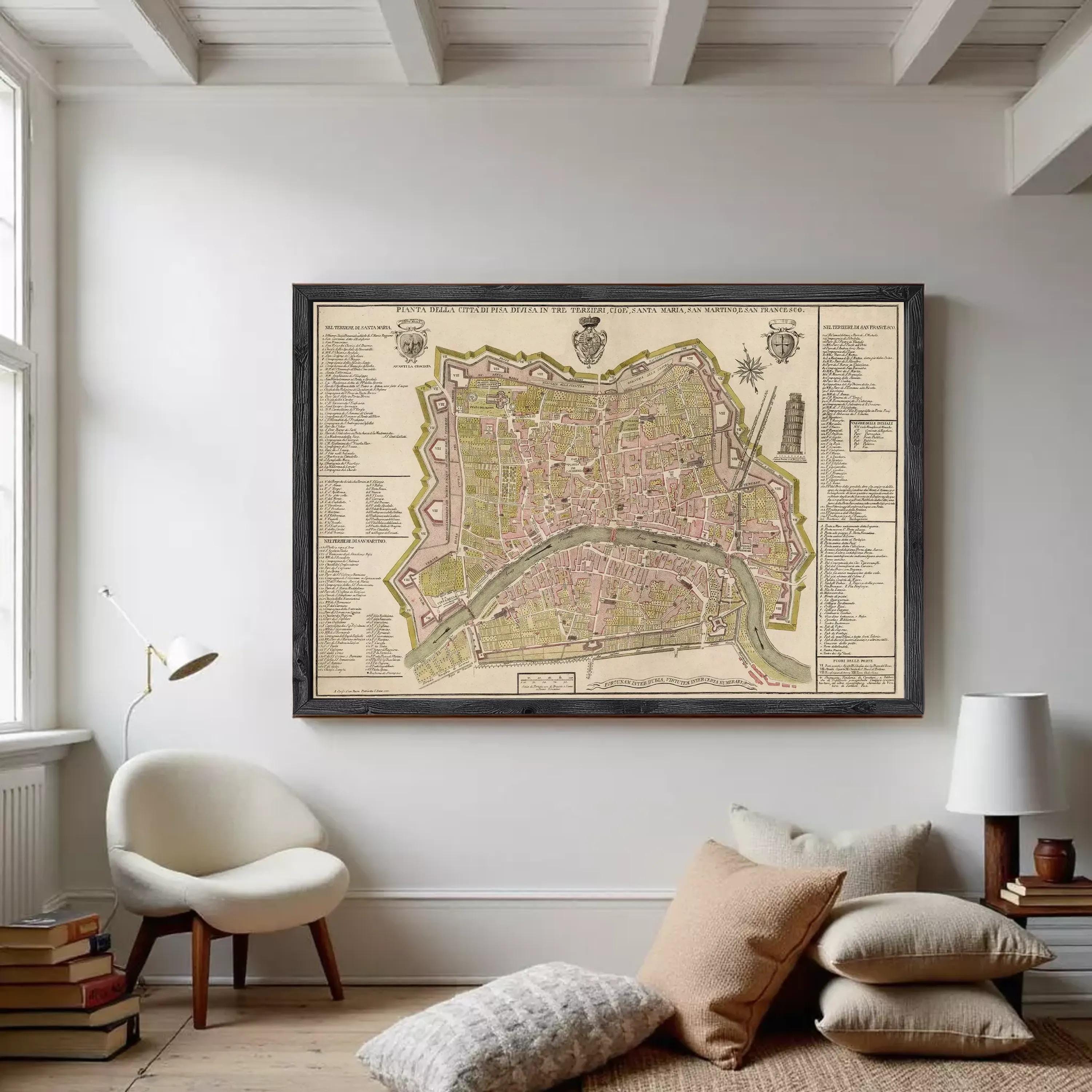 The image is a framed map of a city, likely Paris, with detailed labels and a color scheme of green, yellow, and brown.