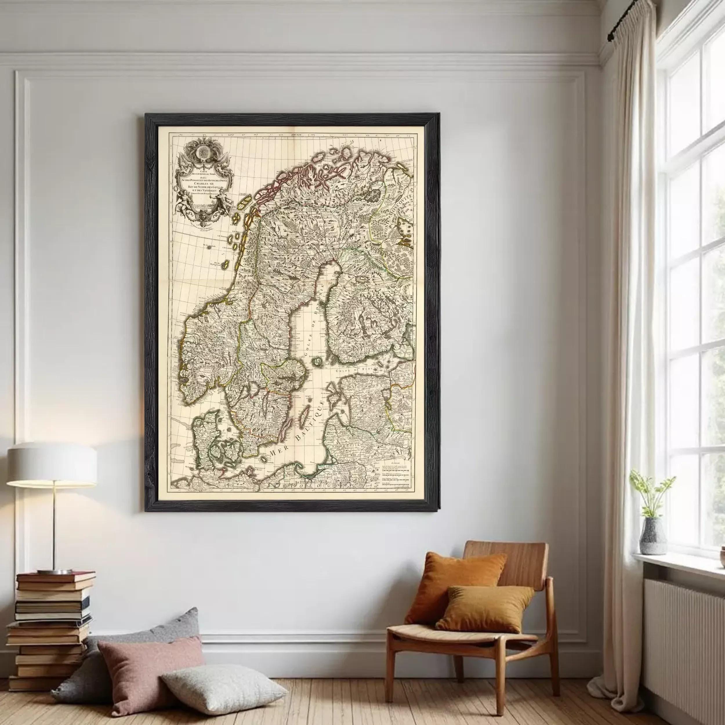 The image is a framed map of Europe, depicting the countries and regions of Europe in a detailed and intricate manner.