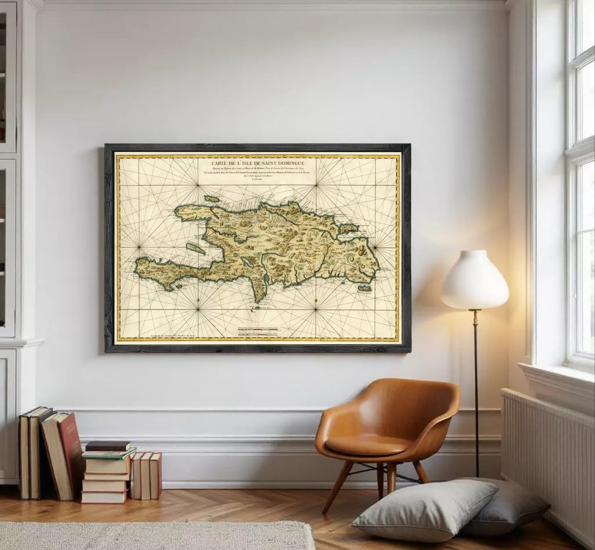 The image is a framed vintage map of the island of St. Martin, depicting the island's geographical features and surrounding areas.