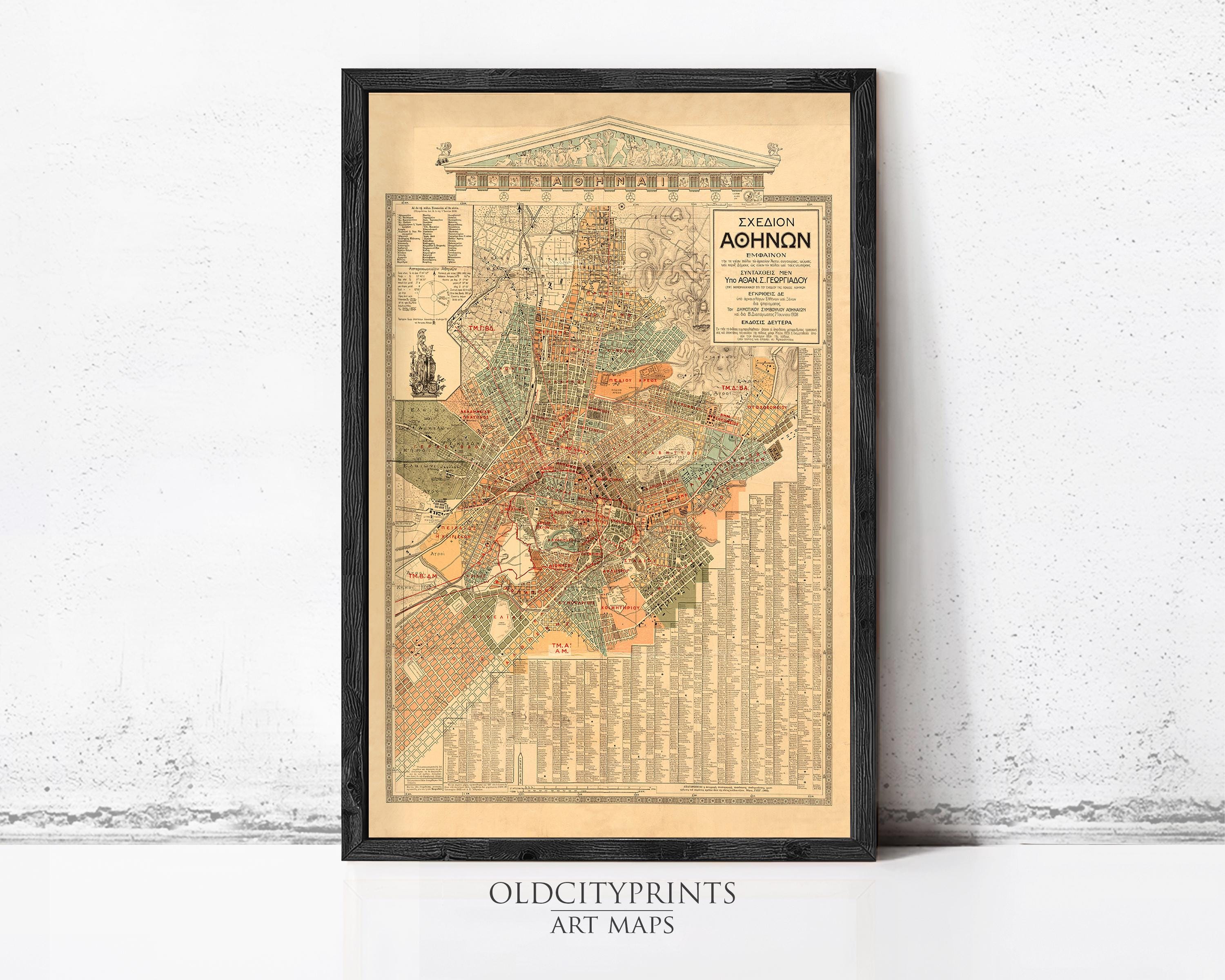 The image is a framed vintage map of a city, likely Ashkenaz, with detailed street and area labels.
