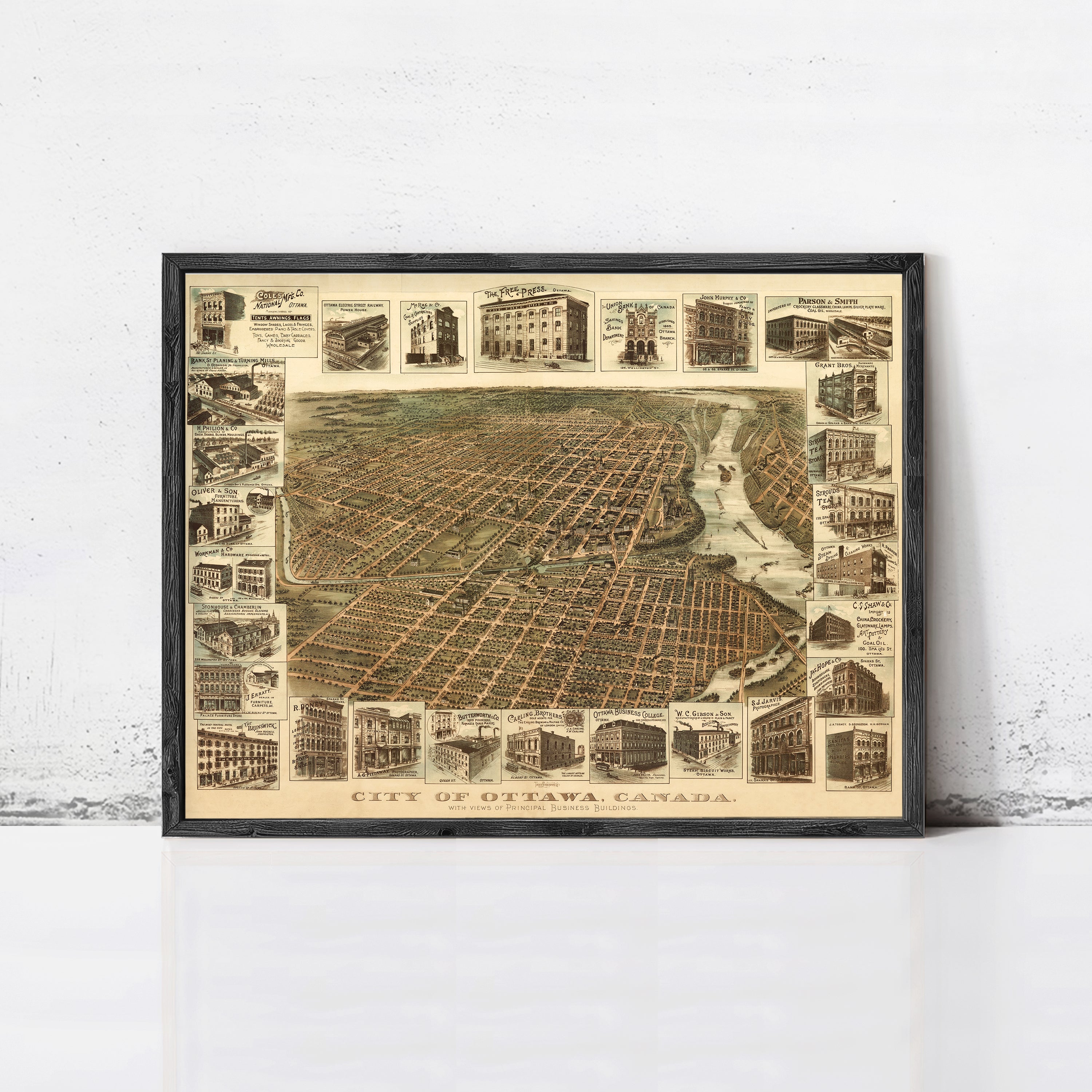The image is a framed map of the City of Ottawa, Canada, depicting various buildings and landmarks within the city.