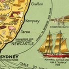 The image is a vintage map of Australia and New Zealand, featuring illustrations of various landmarks and transportation routes.