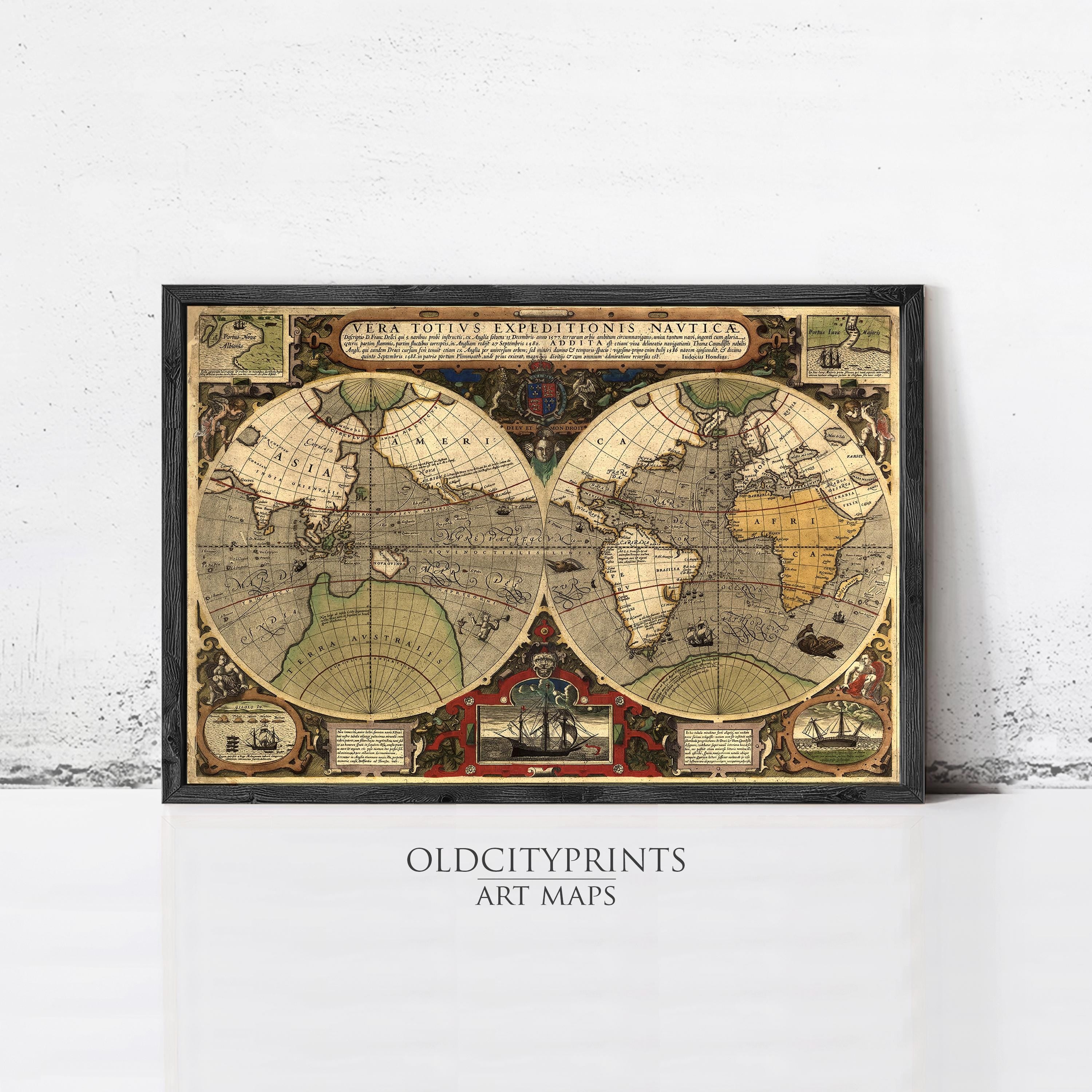 The image is a framed vintage map of the world, featuring intricate details and decorative elements.