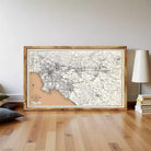 The image is a framed map of Los Angeles, California, with a wooden frame.