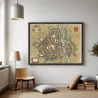 The image is a framed vintage map of a city, likely from the 16th century, depicting a detailed layout of the city with streets, buildings, and other landmarks.