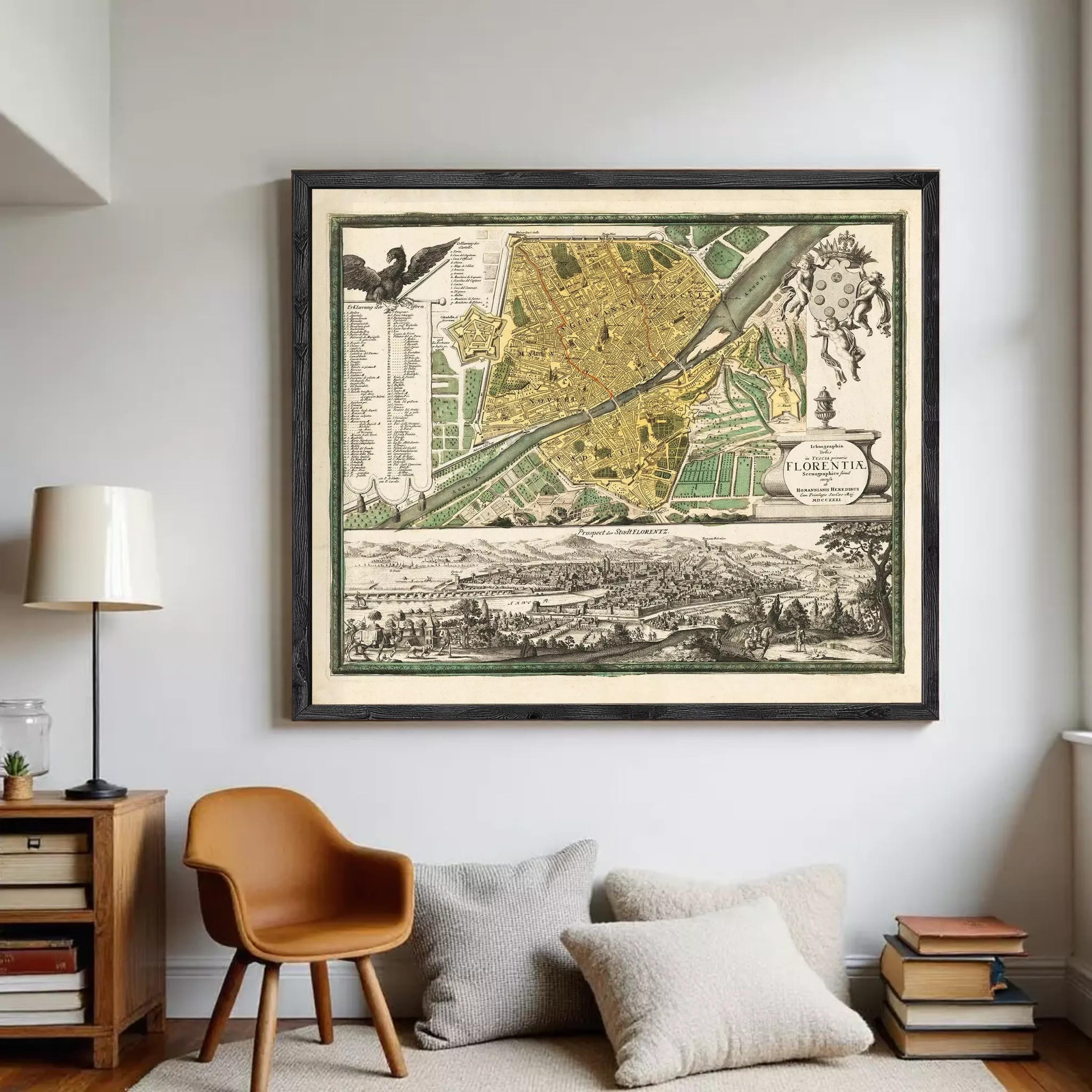 The image is a framed antique map of Florence, Italy, depicting the city and surrounding areas in a detailed and intricate manner.