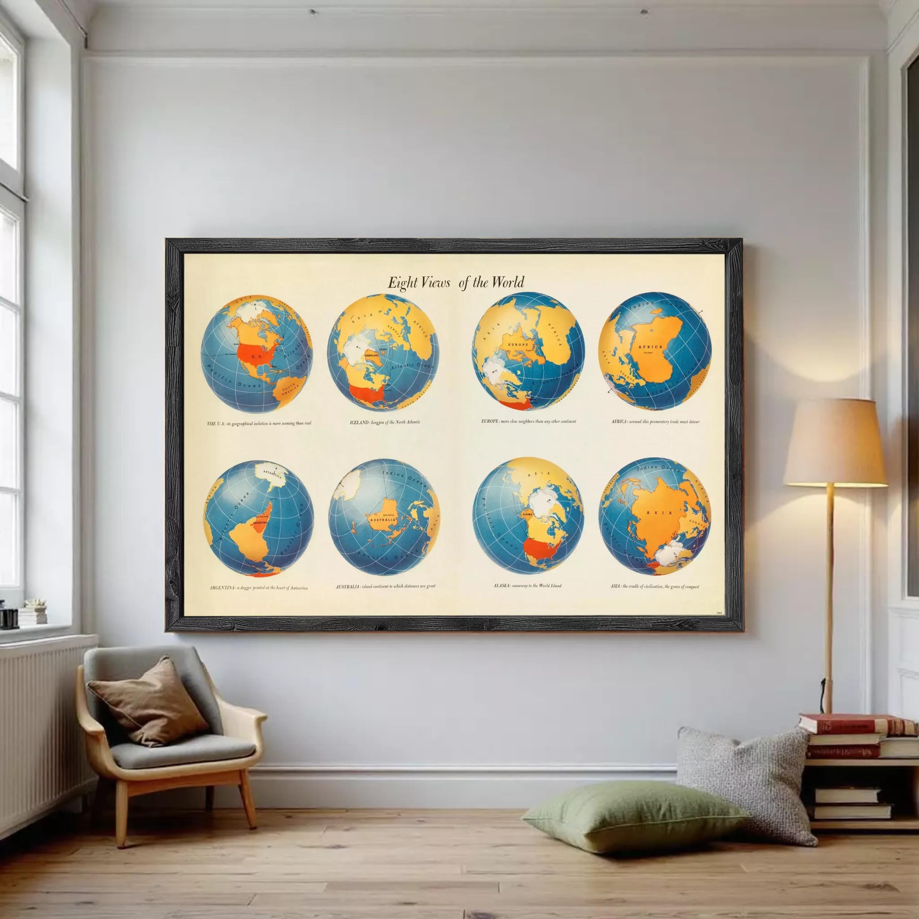 The image is a framed poster titled "Eighth Views of the World" that displays eight different views of the Earth, each showing a unique perspective of the planet.