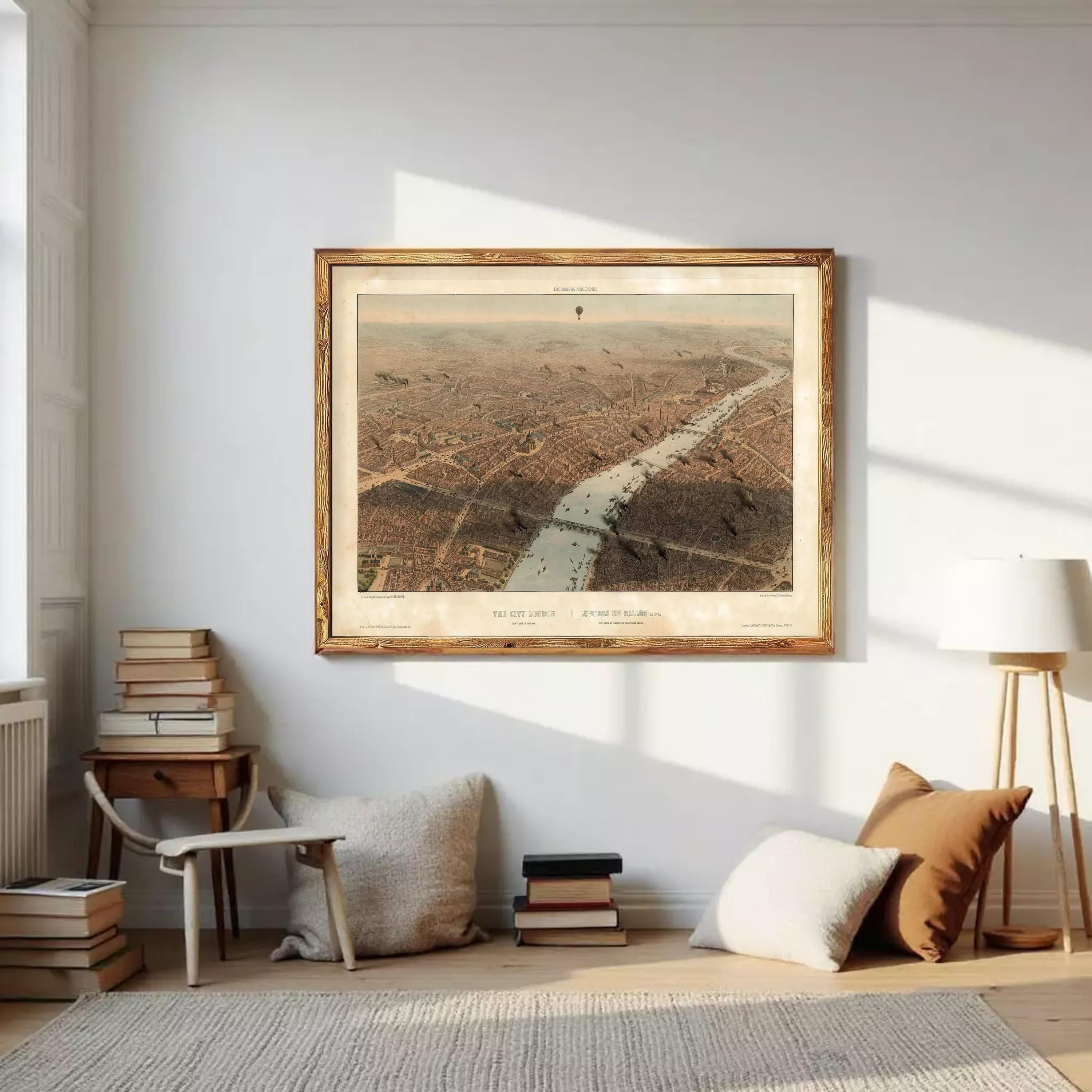 The image is a framed aerial view of a city, depicting a river or canal running through the center of the city.