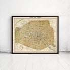 The image is a framed vintage map of Paris, France, depicting the city's streets and landmarks.