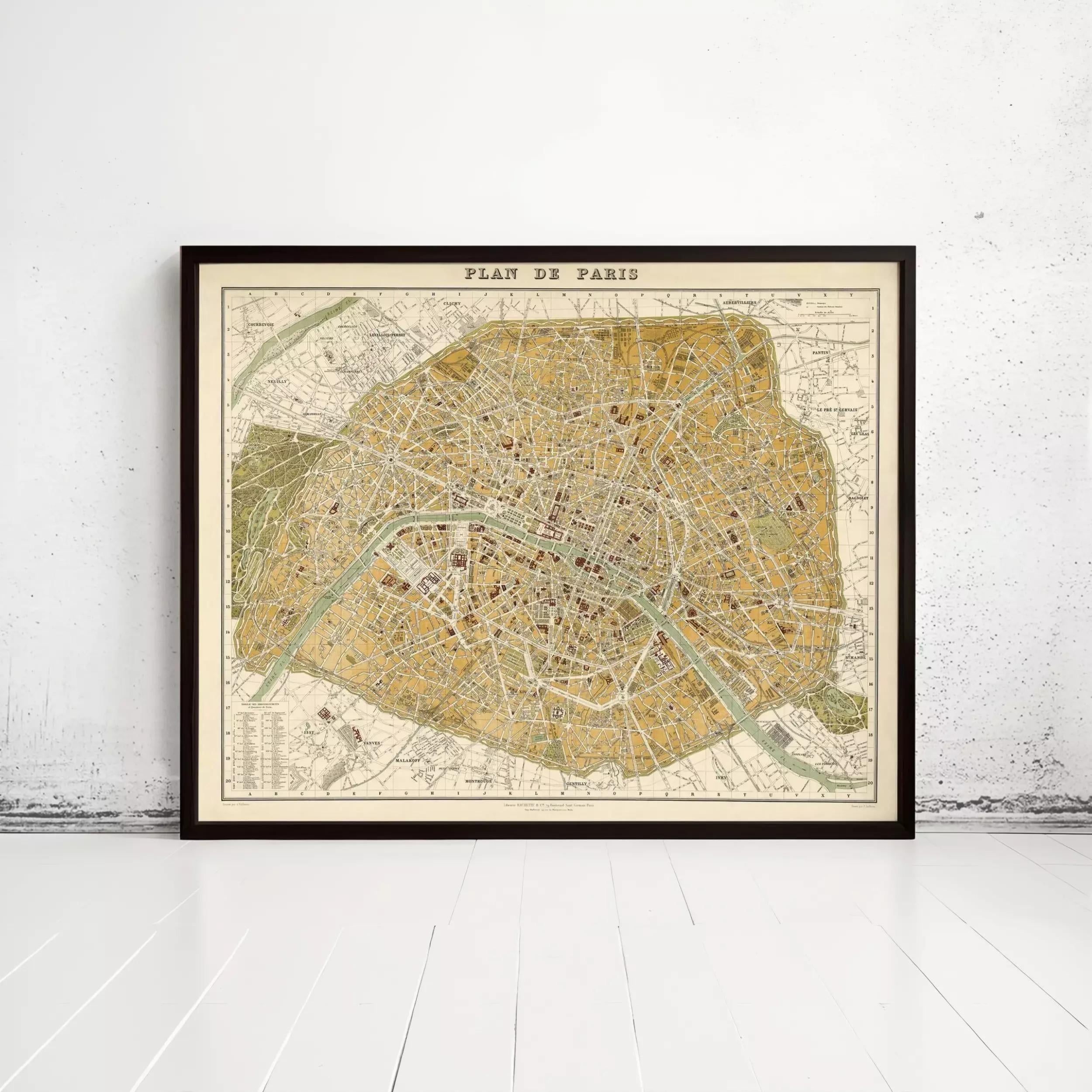The image is a framed vintage map of Paris, France, depicting the city's streets and landmarks.