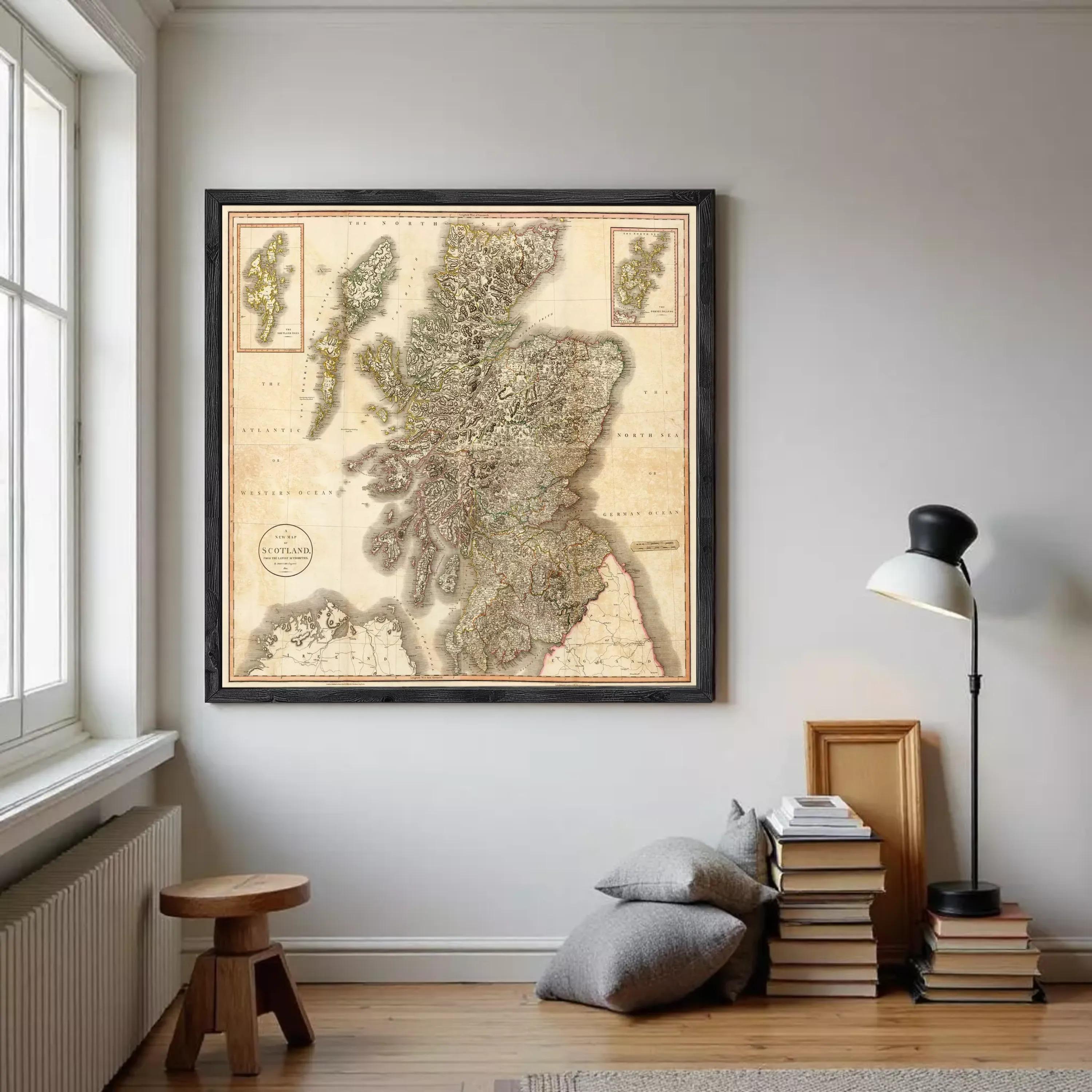 The image is a framed map of Scotland, showing the country's geographical layout and surrounding areas.