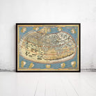 The image is a framed vintage map of the world, featuring intricate illustrations and detailed cartography.