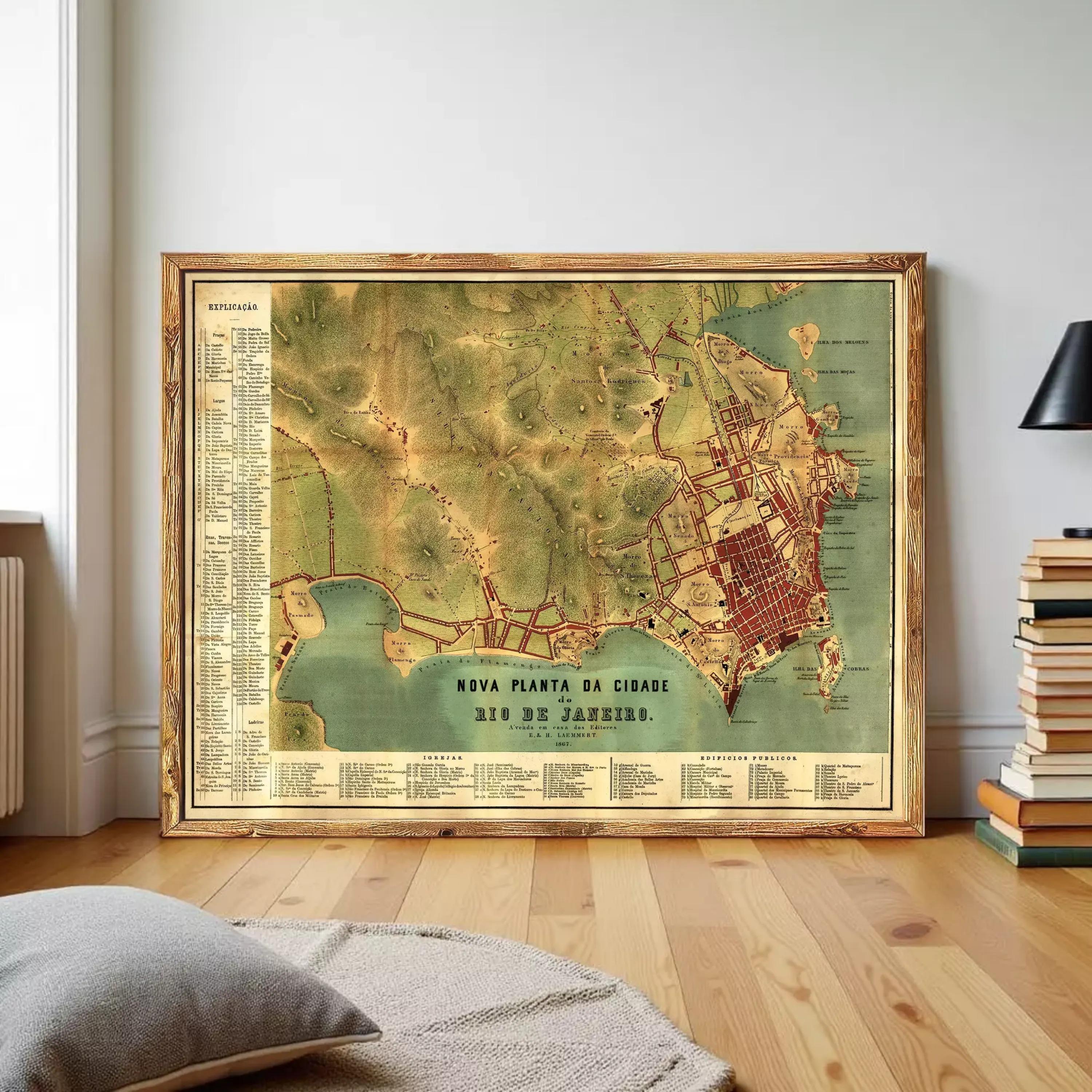 The image is a framed vintage map of Rio de Janeiro, Brazil, depicting the city's geographical layout and surrounding areas.