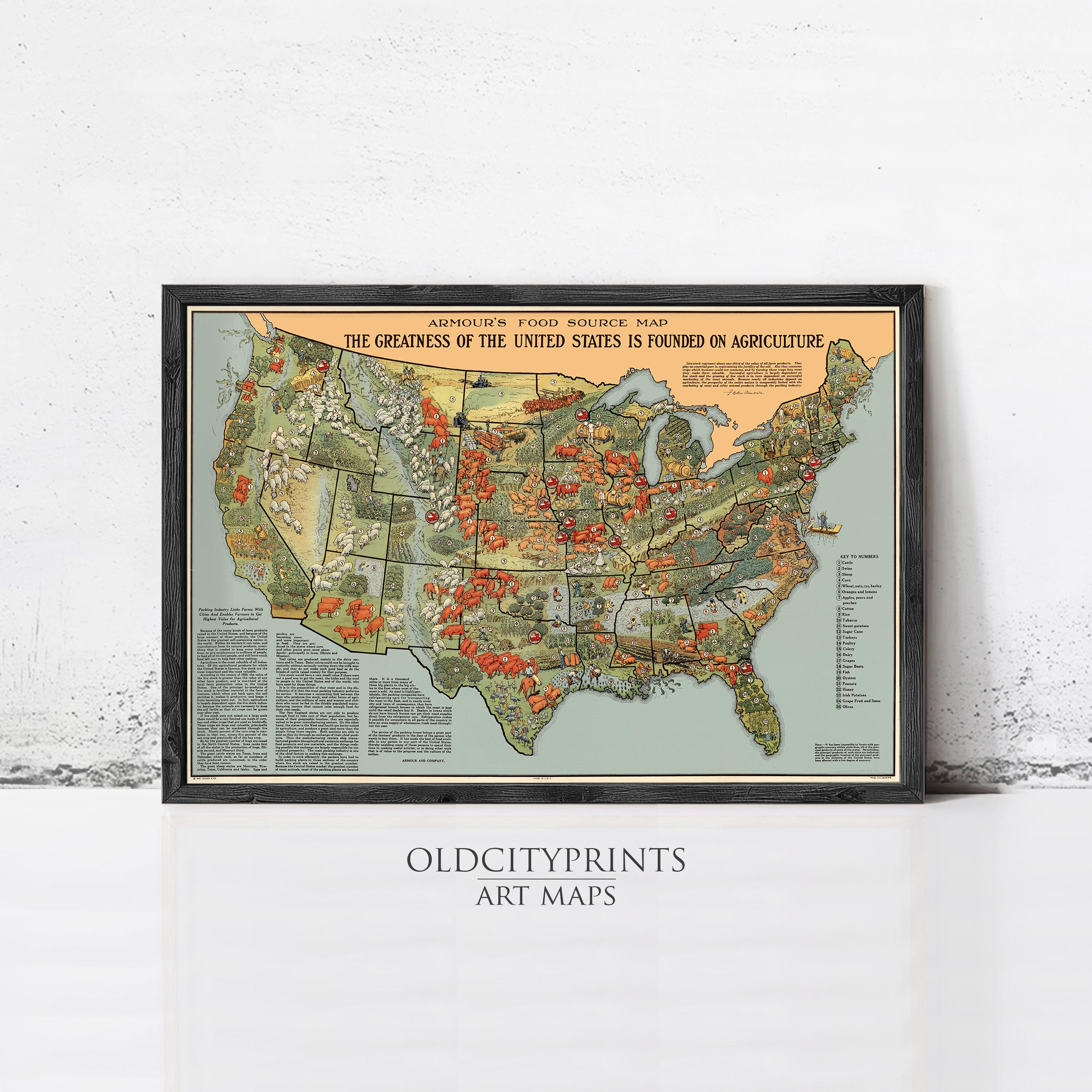 The image is a framed poster depicting a map of the United States, highlighting the agricultural areas across the country.