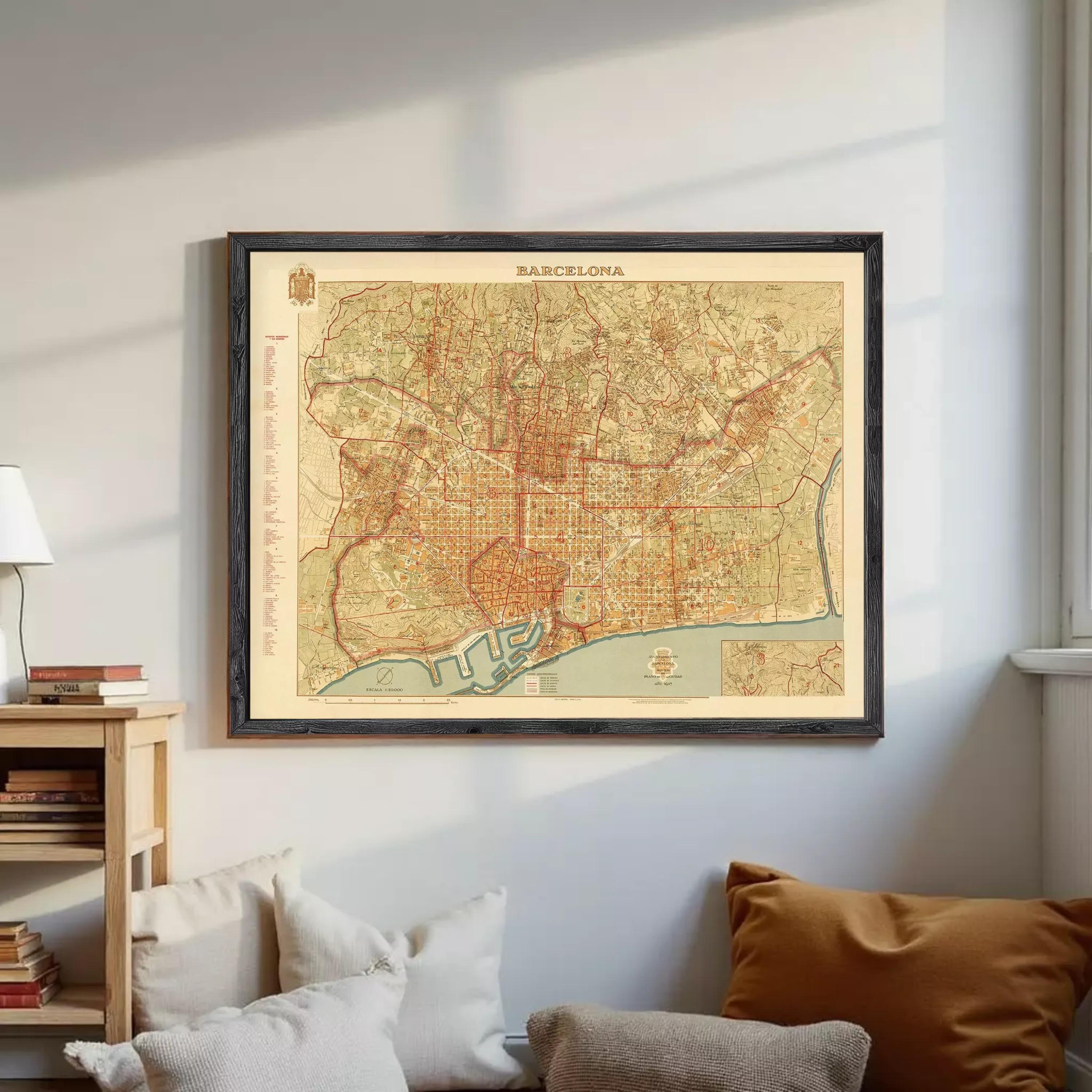 The image is a framed vintage map of Barcelona, Spain, depicting the city's streets and landmarks.