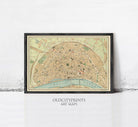The image is a framed vintage map of a city, likely Paris, with various streets and landmarks depicted.