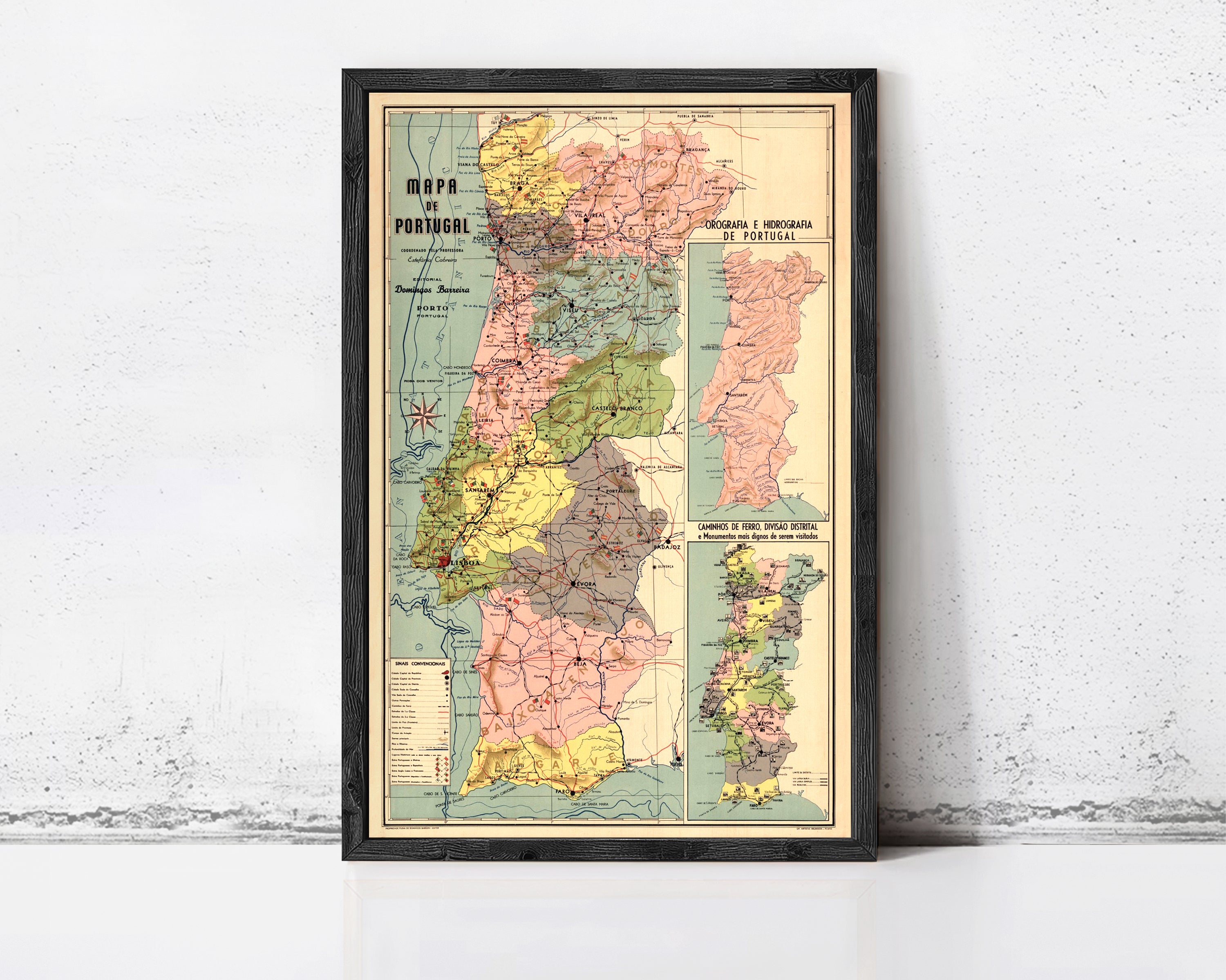 The image is a framed vintage map of Portugal, showing the country's geographical layout and boundaries.