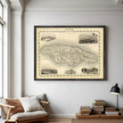 The image is a framed vintage map of Jamaica, featuring various landmarks and geographical details.